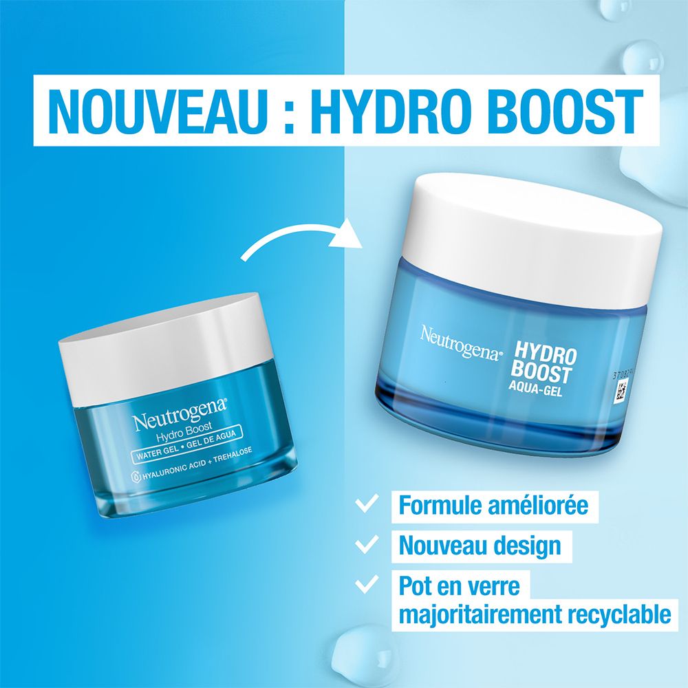 Neutrogena Hydro Boost Aqua-Gel. Deux pots bleus avec couvercle blanc. Texte : Nouveau, formule améliorée.