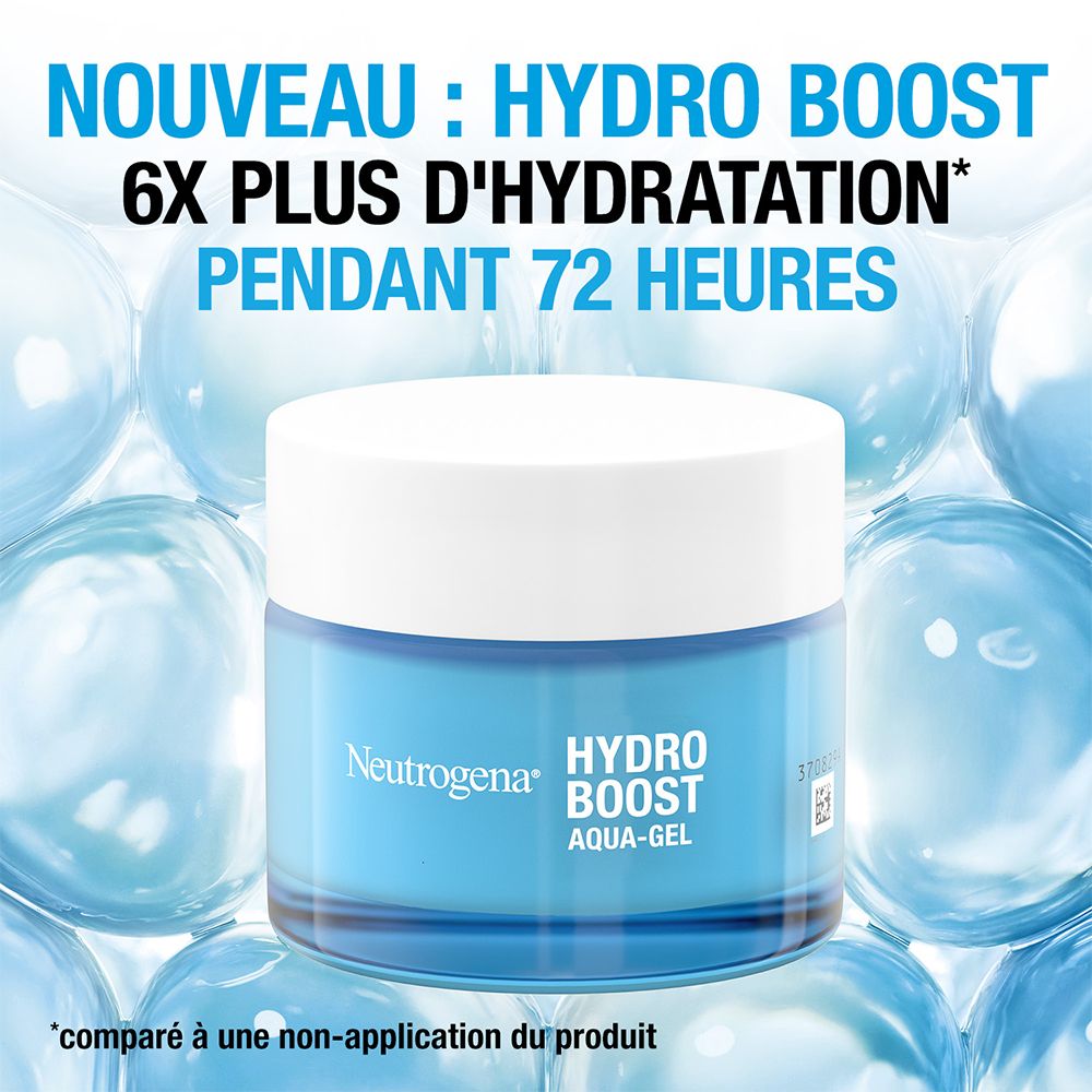 Neutrogena Hydro Boost Aqua-Gel. Pot bleu avec couvercle blanc. Texte : 6x plus d'hydratation pendant 72 heures.