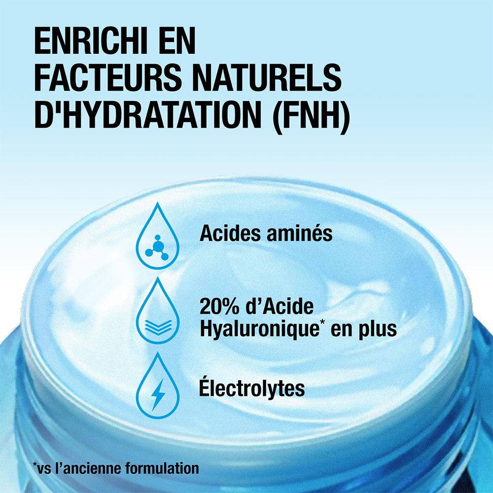 Neutrogena Hydro Boost Aqua-Gel. Texte : Enrichi en facteurs naturels d'hydratation : acides aminés, acide hyaluronique, électrolytes.