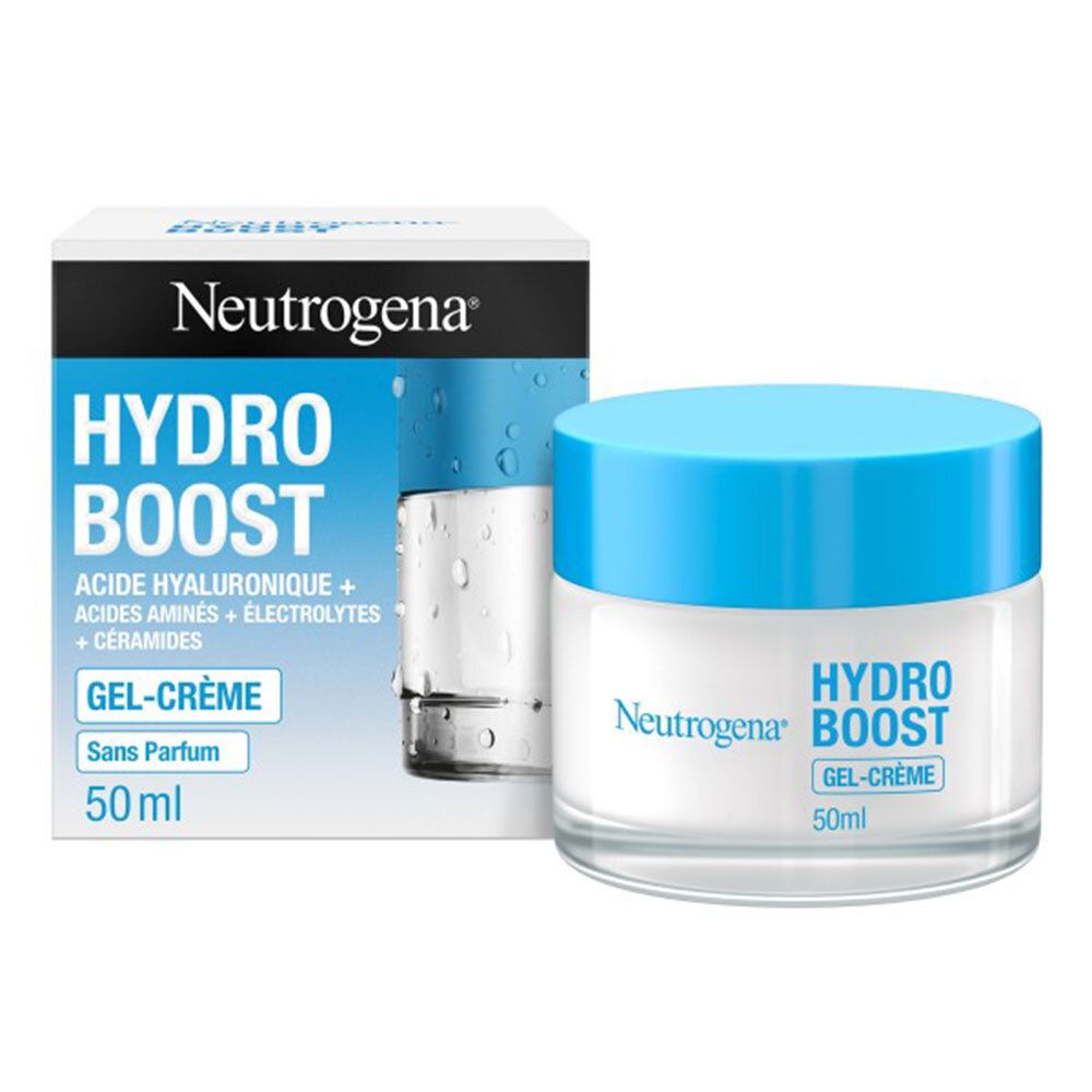 Neutrogena Hydro Boost Gel-Crème. Tiegel mit blauem Deckel und Karton. Aufschrift: Hydro Boost, Gel-Crème, 50 ml.