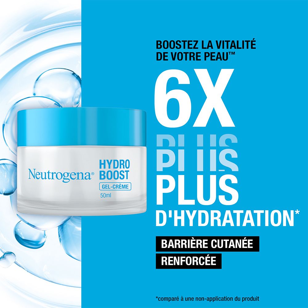Neutrogena Hydro Boost Gel-Crème. Produkt im Vordergrund, umgeben von blauen Wasserblasen. Text: 6X mehr Hydratation.