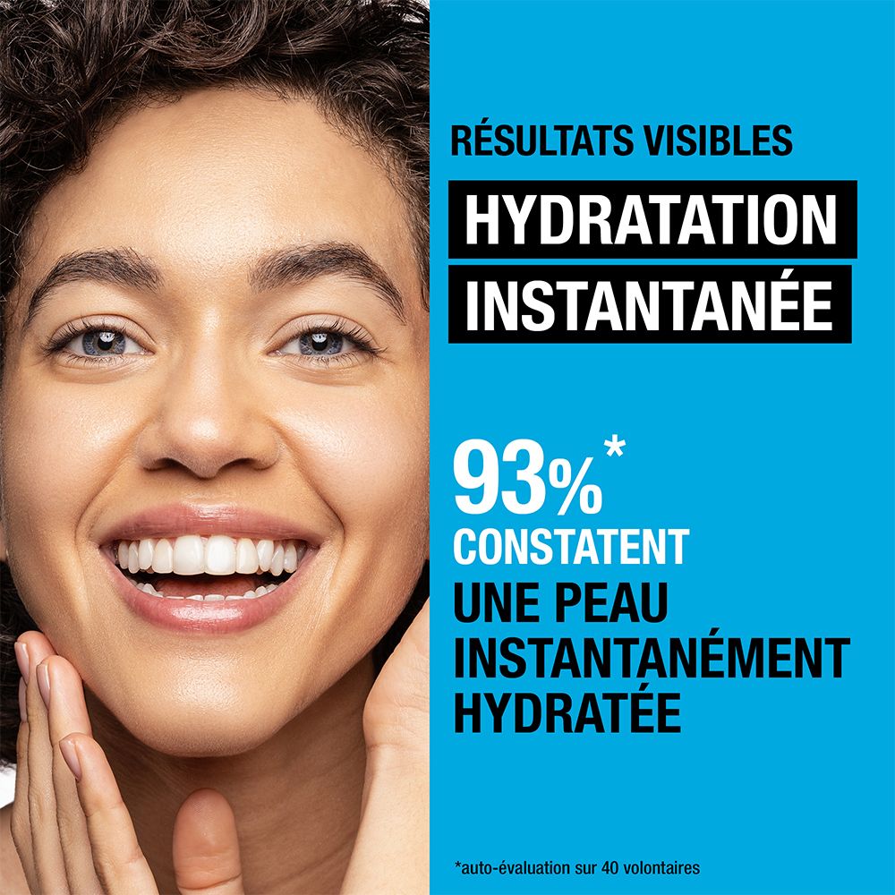 Frau mit strahlendem Gesicht. Text: Sofortige Hydratation. 93% bestätigen sofort hydratisierte Haut.