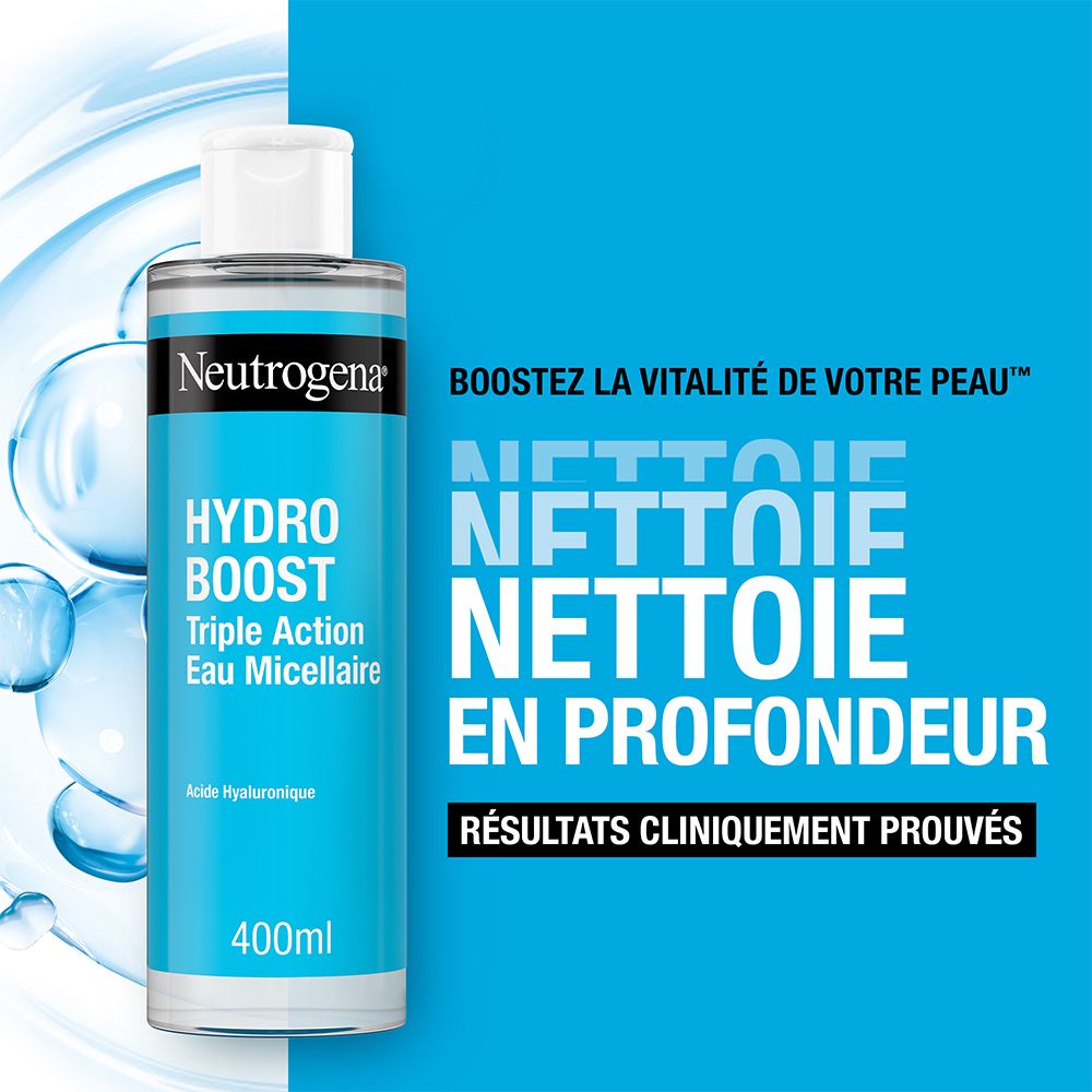 Flacon Neutrogena Hydro Boost Eau Micellaire. Texte: Boostez la vitalité de votre peau. Nettoie en profondeur. Résultats prouvés.