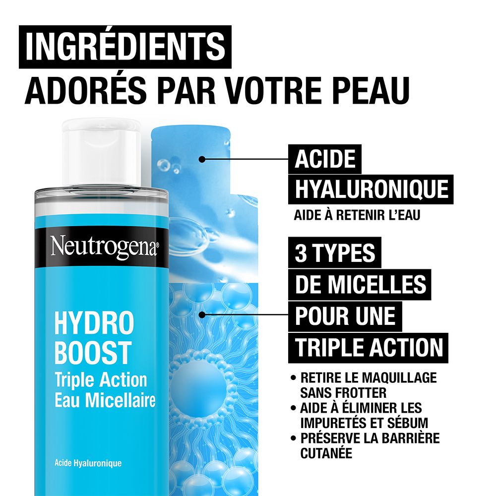 Neutrogena Hydro Boost Eau Micellaire et ingrédients. Texte: Acide Hyaluronique, 3 types de micelles.