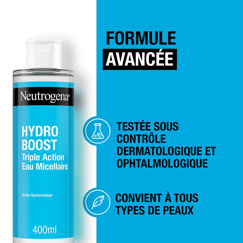 Flacon Neutrogena Hydro Boost Eau Micellaire. Texte: Formule avancée. Testée sous contrôle dermatologique.