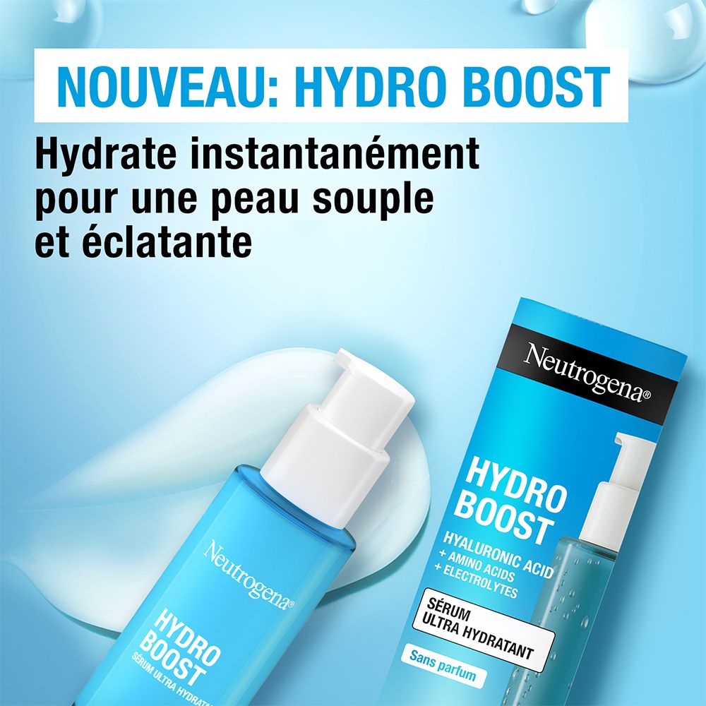 Sérum Neutrogena Hydro Boost. Flacon et emballage bleus. Texte : Hydro Boost, acide hyaluronique, acides aminés, électrolytes.