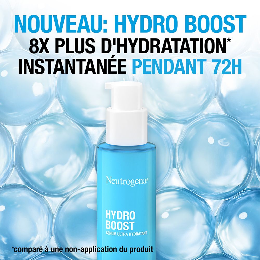 Sérum Neutrogena Hydro Boost. Flacon bleu. Texte : Hydro Boost, 8x plus d'hydratation, 72h.