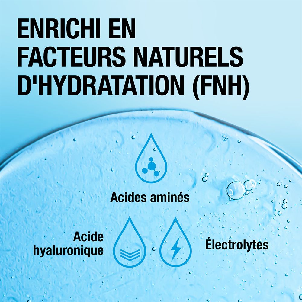 Graphique avec gouttes et texte : acide hyaluronique, acides aminés, électrolytes.