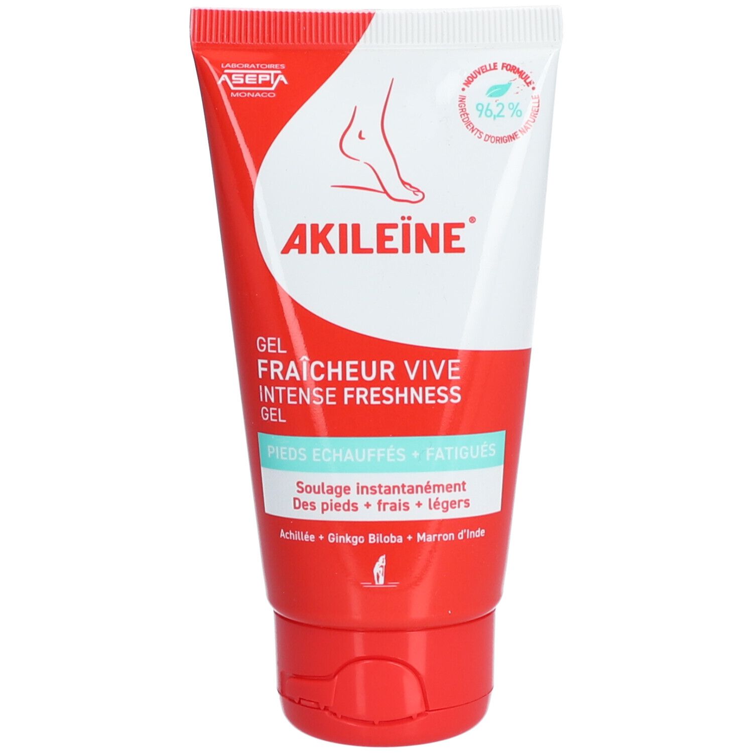 Tube rouge et blanc. Nom du produit et texte. Illustration de pied. "Gel Fraîcheur Vive".