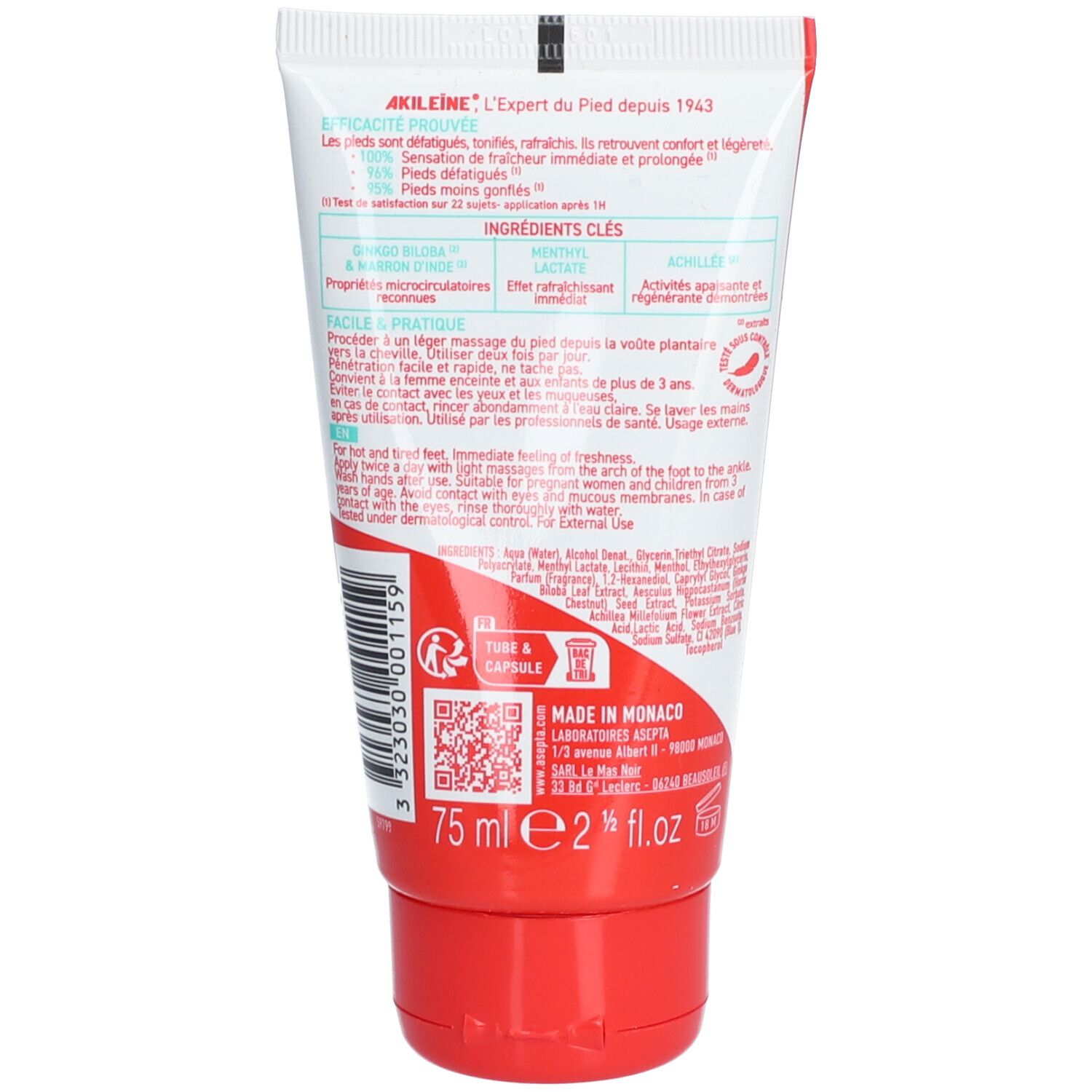 Dos du tube. Texte et ingrédients. Rouge et blanc. 75 ml.