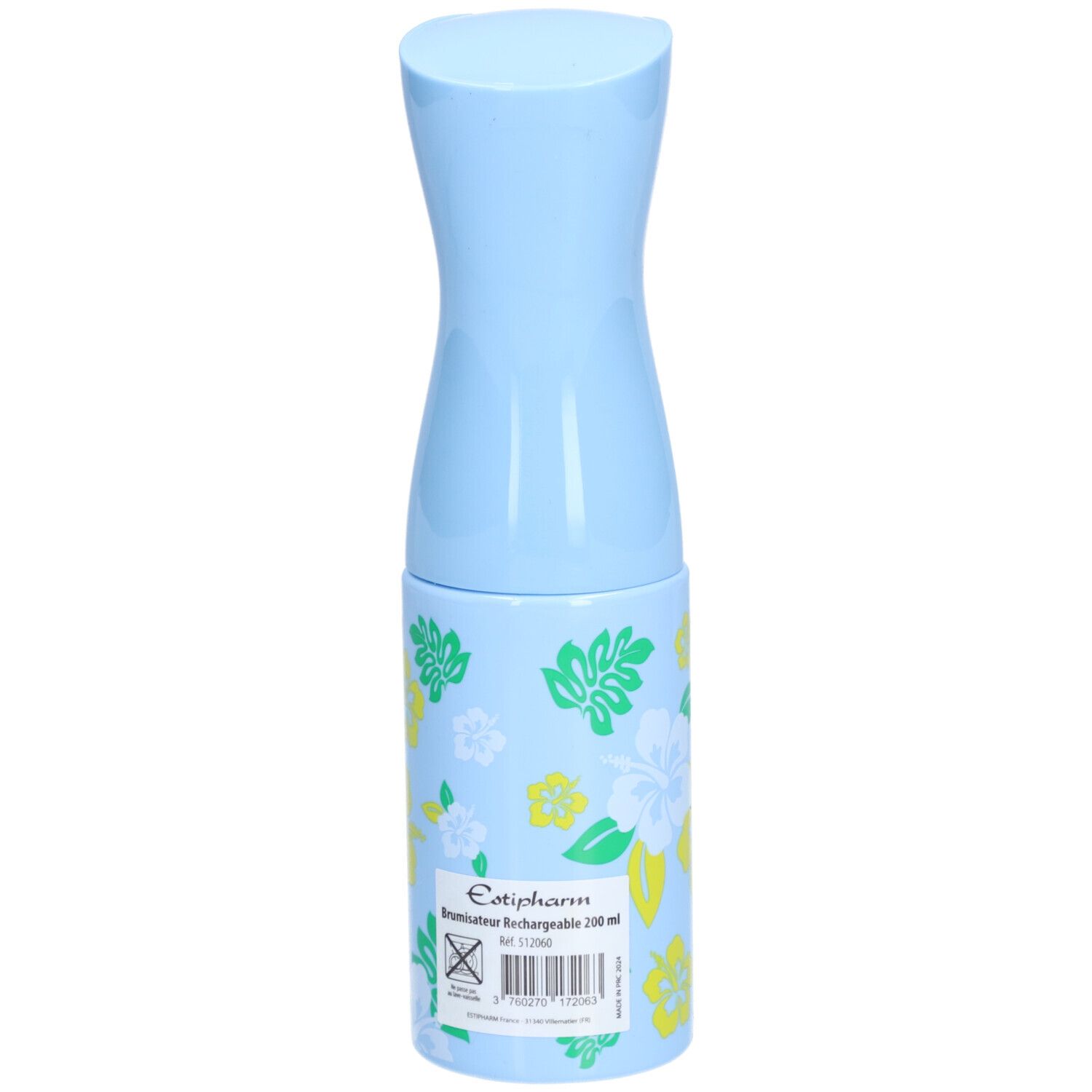 Lichtblauwe verstuiver met bloemenpatroon. Cilindrische vorm. Opschrift: Estipharm. Tekst: Brumisateur rechargeable 200 ml.