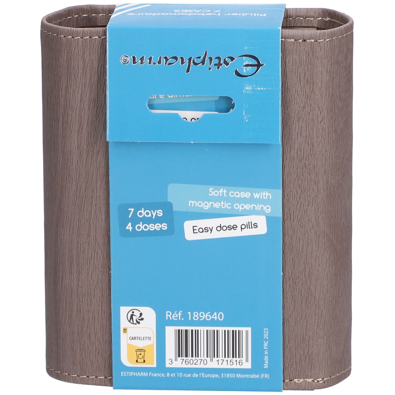 Achterkant van de pillendoos. Opschrift: 7 dagen, 4 doses. Zachte hoes met magnetische opening. Referentie.