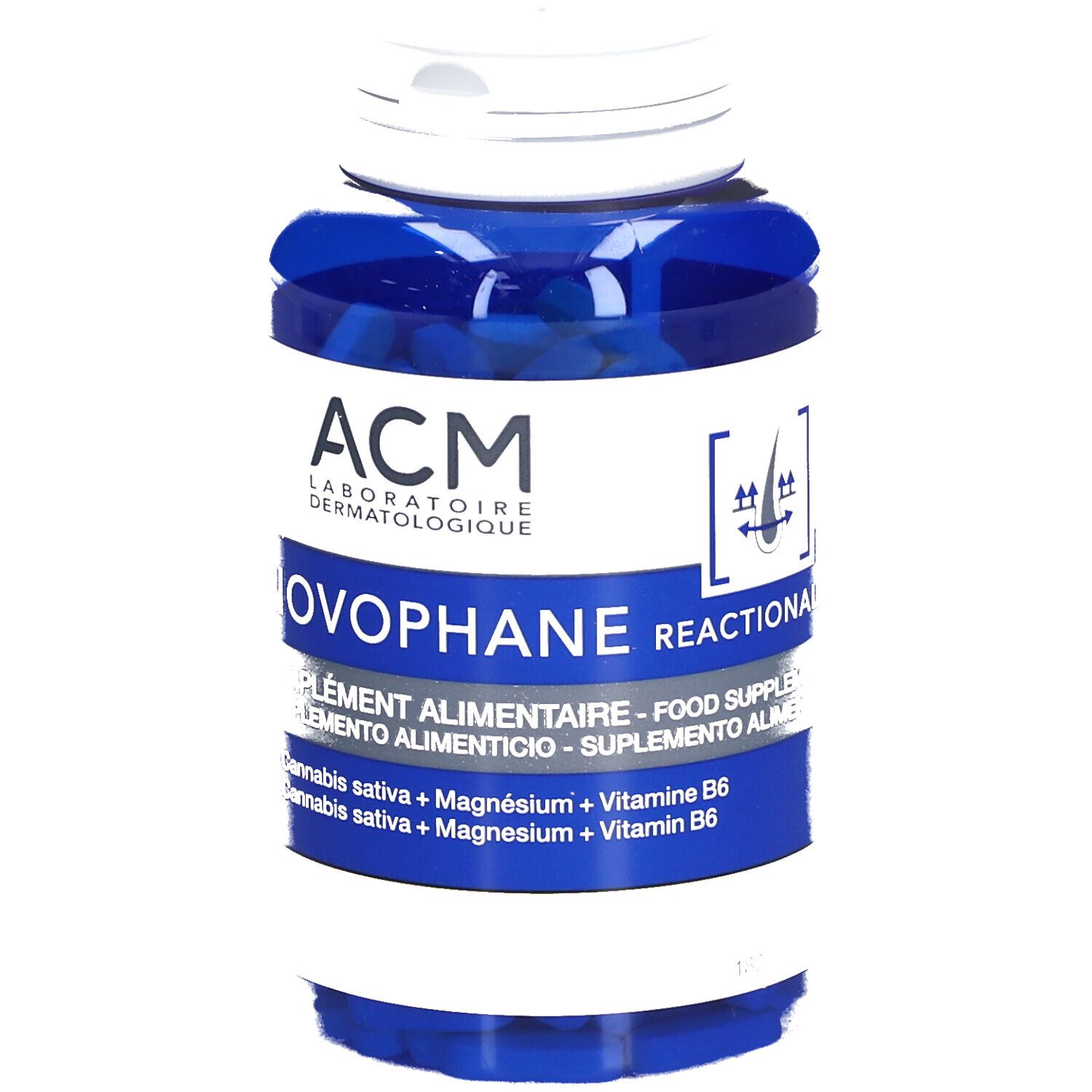 Flacon bleu avec bouchon blanc. Inscription : ACM Novophane, complément alimentaire. Avec symbole de cheveux.