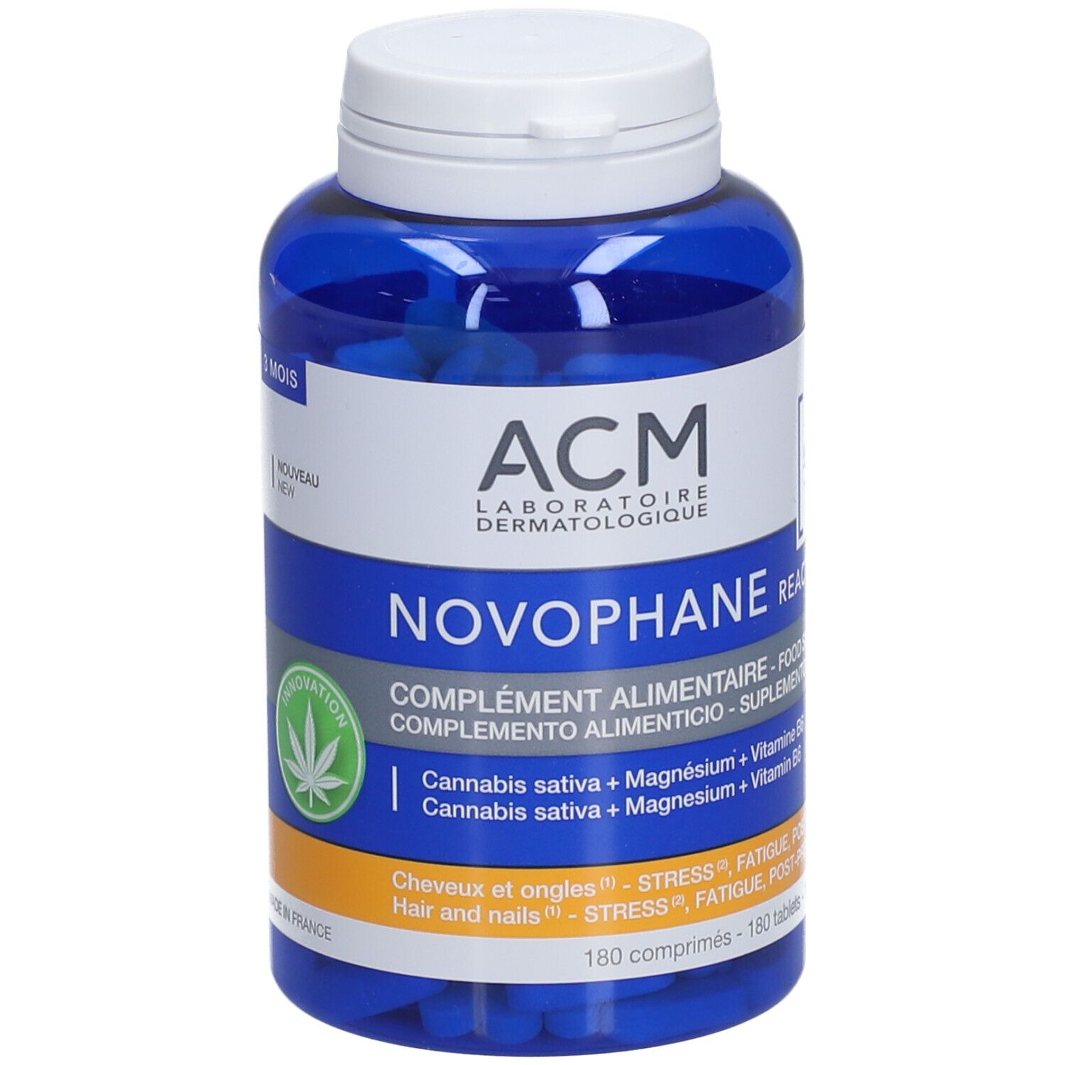 Flacon bleu avec bouchon blanc. Inscription : ACM Novophane, complément alimentaire. Avec logo de chanvre.