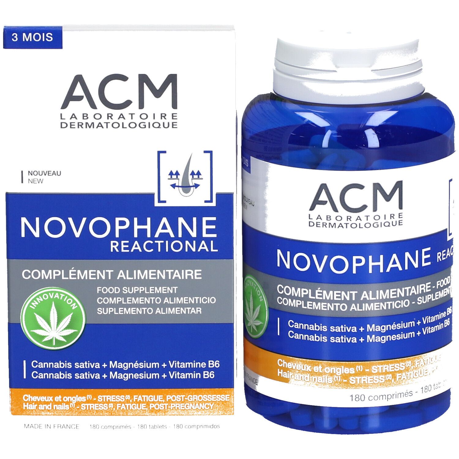 Emballage du produit avec flacon et boîte. Inscription : ACM Novophane, complément alimentaire. Avec logo de chanvre.