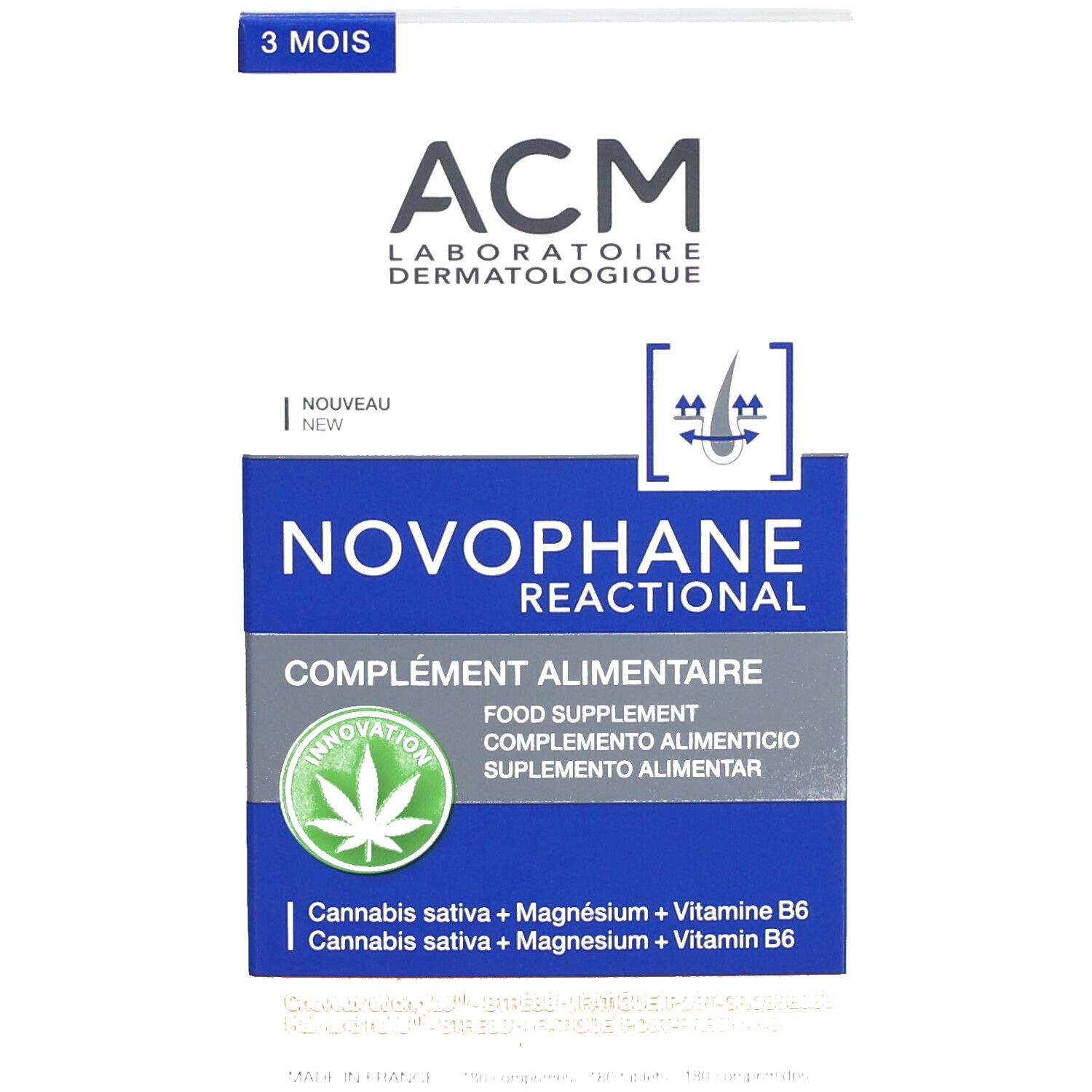 Emballage du produit. Inscription : ACM Novophane, complément alimentaire. Avec symbole de cheveux et logo de chanvre.