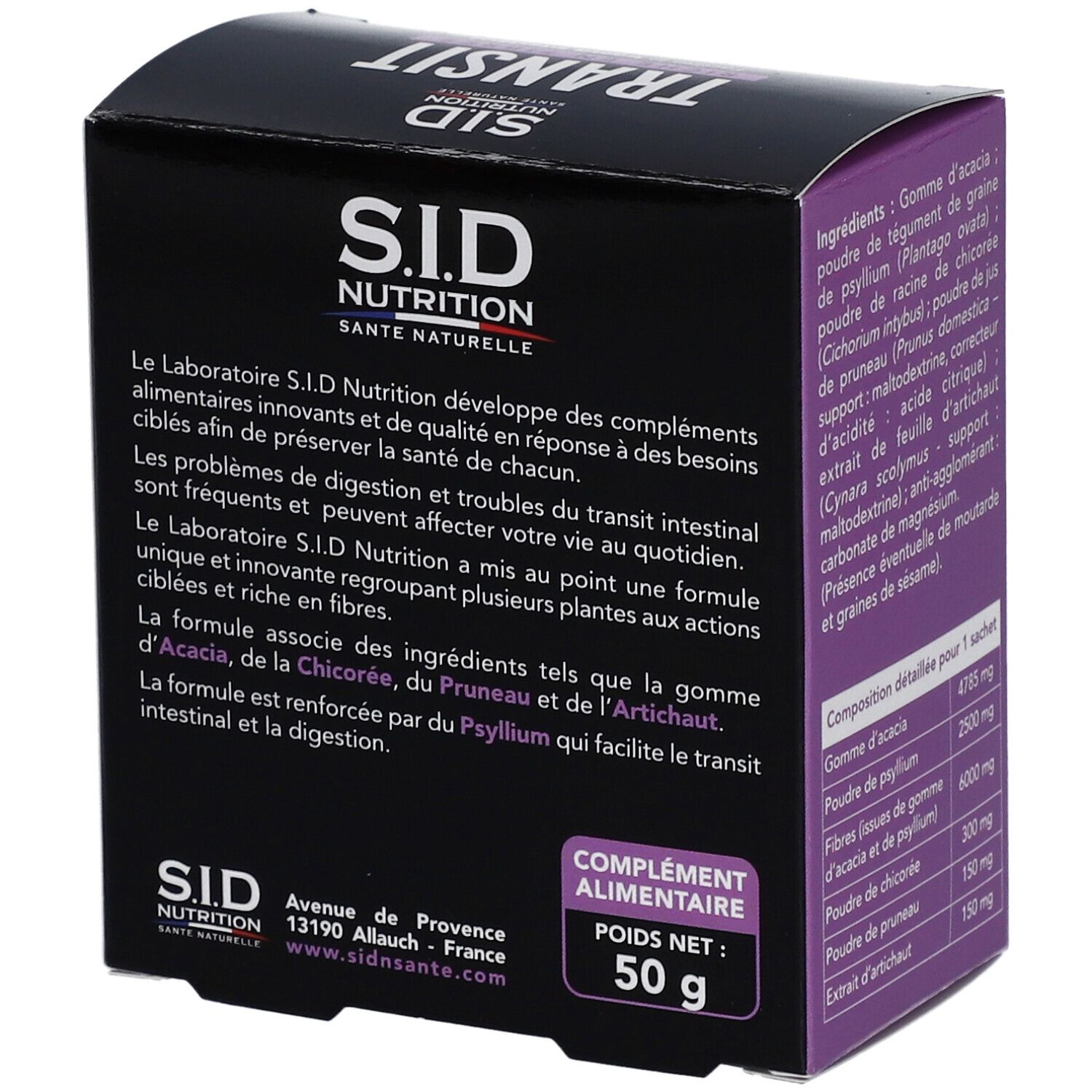Boîte de Transit SID Nutrition. Texte: 'Complément alimentaire'. Poids net: 50 g. Informations sur le produit.