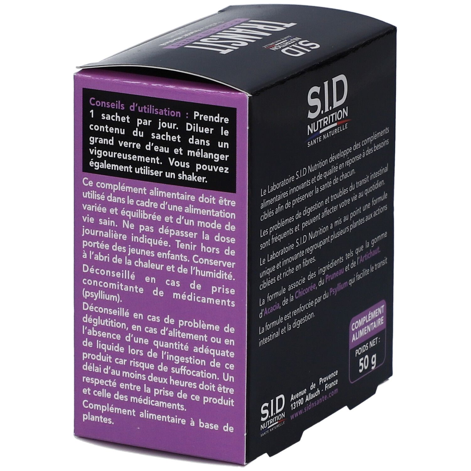 Boîte avec conseils d'utilisation de Transit SID Nutrition. Texte: 'Complément alimentaire'. Informations sur l'utilisation.