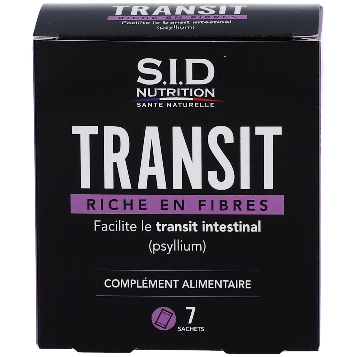 Boîte de Transit Riche en Fibres de SID Nutrition. Contient 7 sachets. Texte: 'Facilite le transit intestinal (psyllium)'.