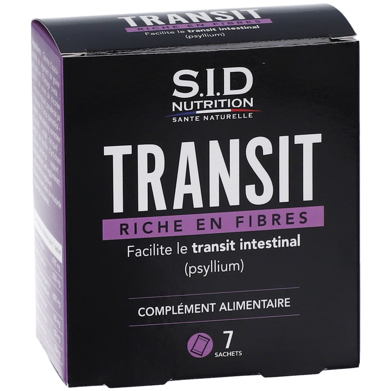 Boîte de Transit Riche en Fibres de SID Nutrition. Contient 7 sachets. Texte: 'Facilite le transit intestinal (psyllium)'.