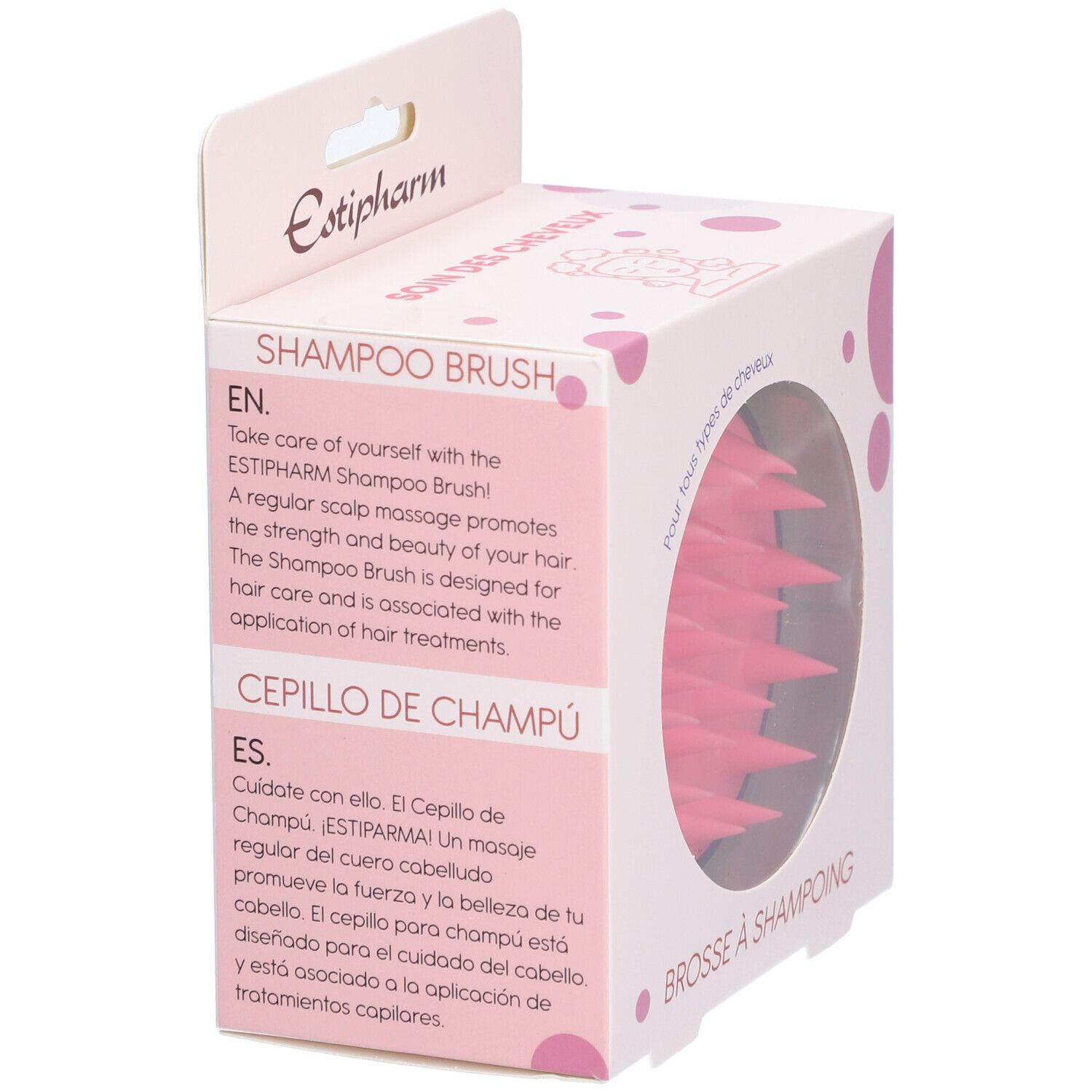 Emballage avec brosse à shampoing. Texte: Shampoo Brush, Cepillo de Champú. Verso: description en anglais et espagnol.