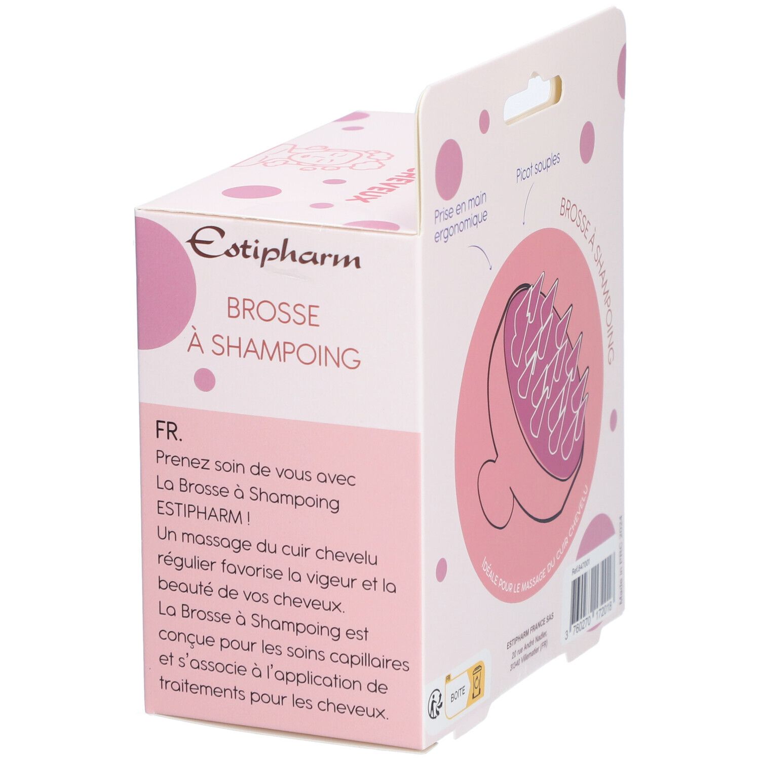 Emballage avec brosse à shampoing. Texte: Estipharm, Brosse à Shampoing. Illustration de la brosse. Description en français.