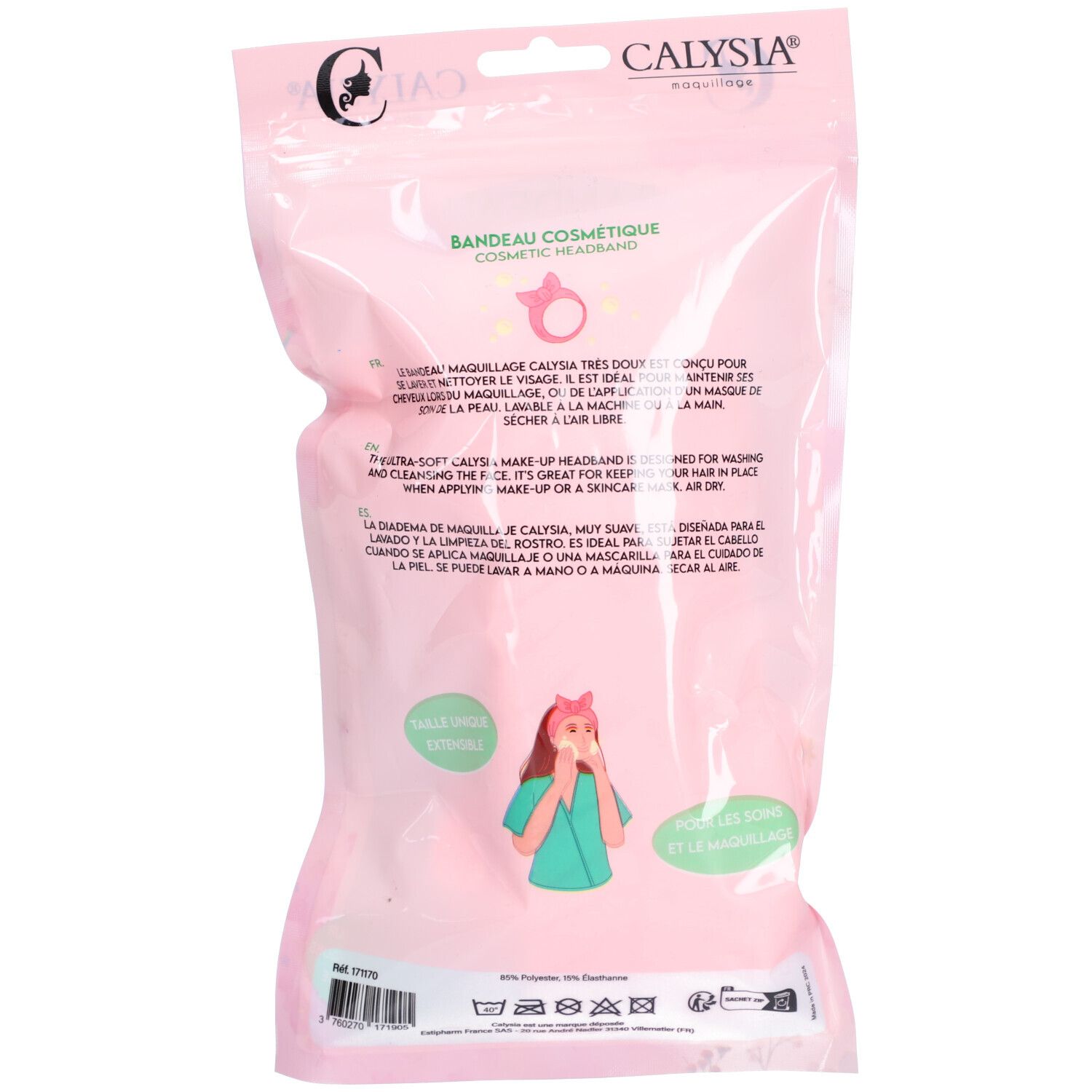 Dos de l'emballage CALYSIA. Texte multilingue. Illustration d'une fille. Inscription: BANDEAU COSMETIQUE.