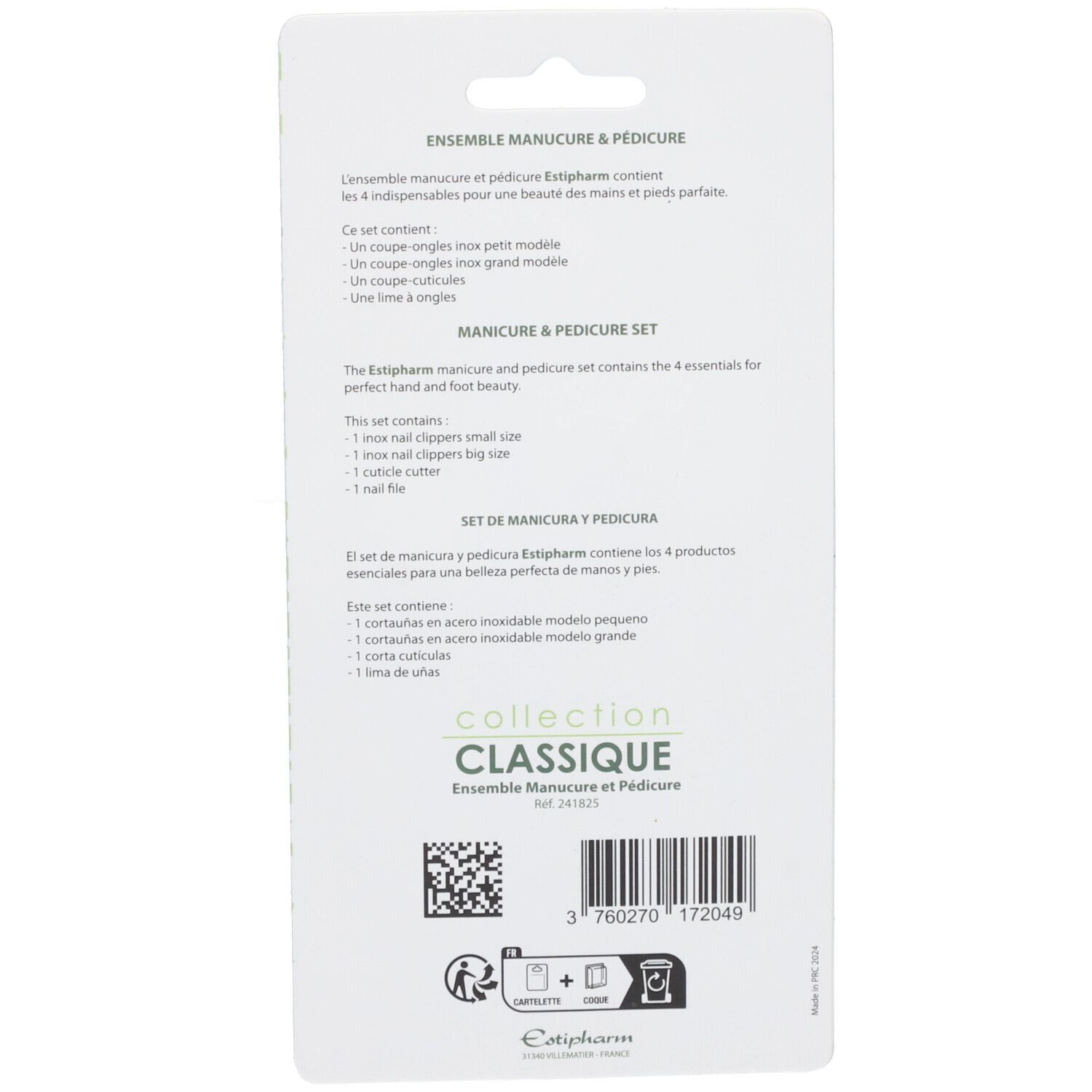 Rückseite der Verpackung des Maniküre- und Pediküre-Sets. Text in mehreren Sprachen. Enthält Produktinformationen und Barcode.