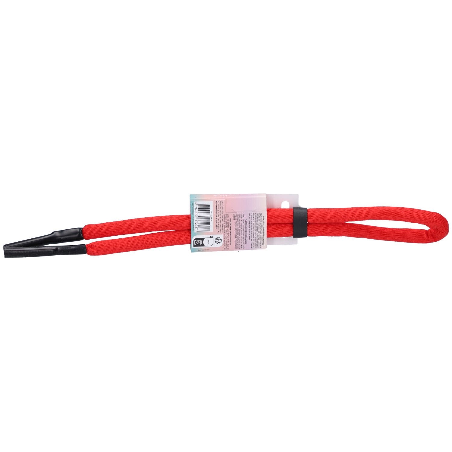 Cordon flottant rouge pour lunettes, extrémités noires, étiquette produit.