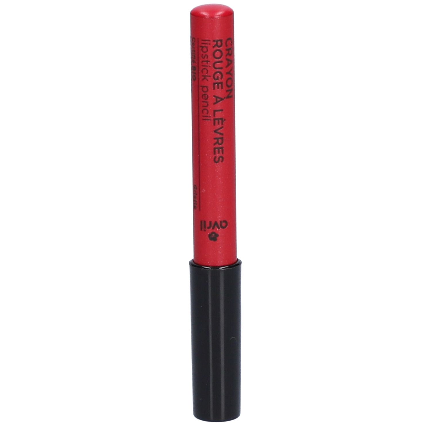 Roter Lippenstiftstift mit schwarzem Schaft. Aufschrift: Crayon Rouge à Lèvres, lipstick pencil. Marke: Avril.