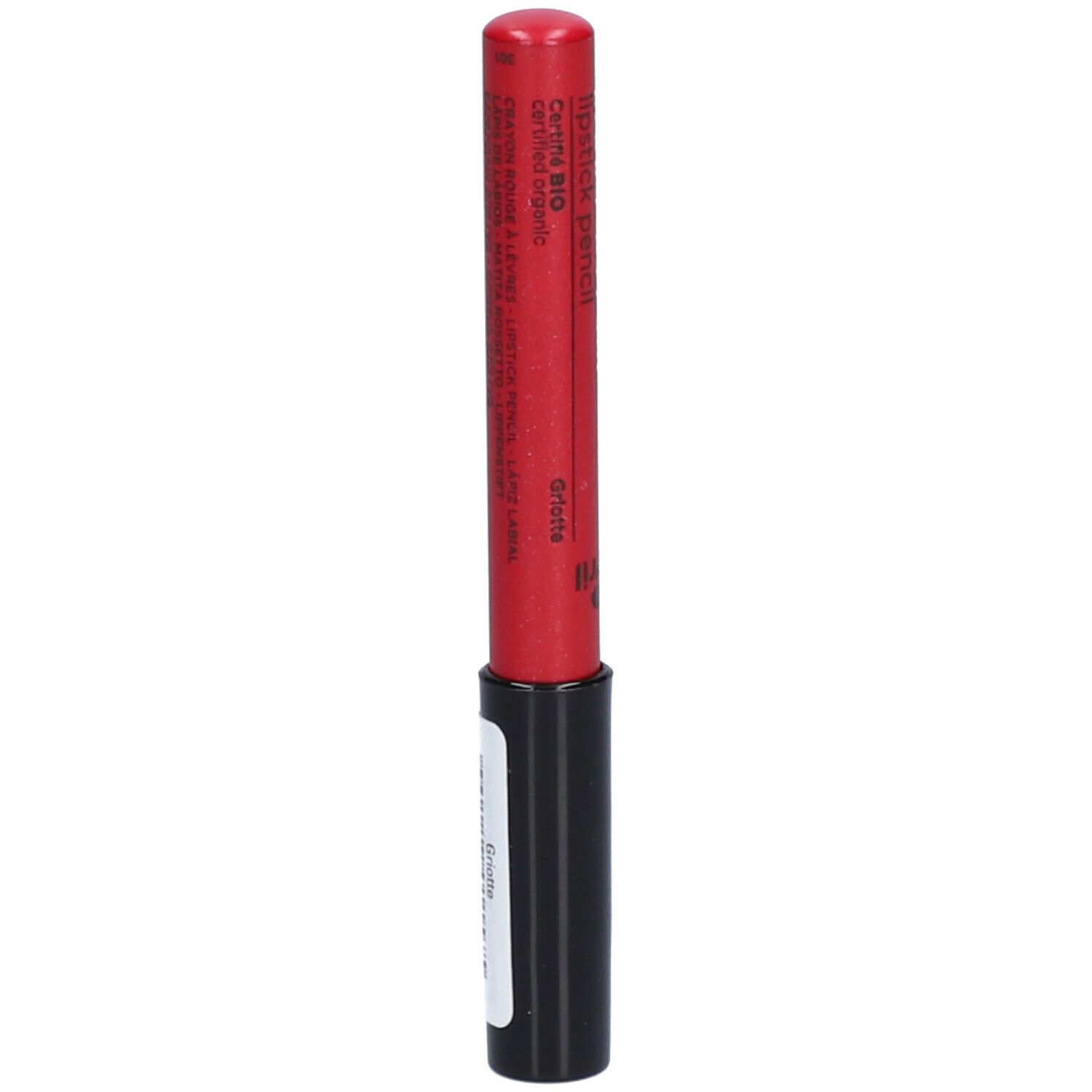 Roter Lippenstiftstift mit schwarzem Schaft. Aufschrift: Crayon Rouge à Lèvres, lipstick pencil. Zertifizierung BIO.