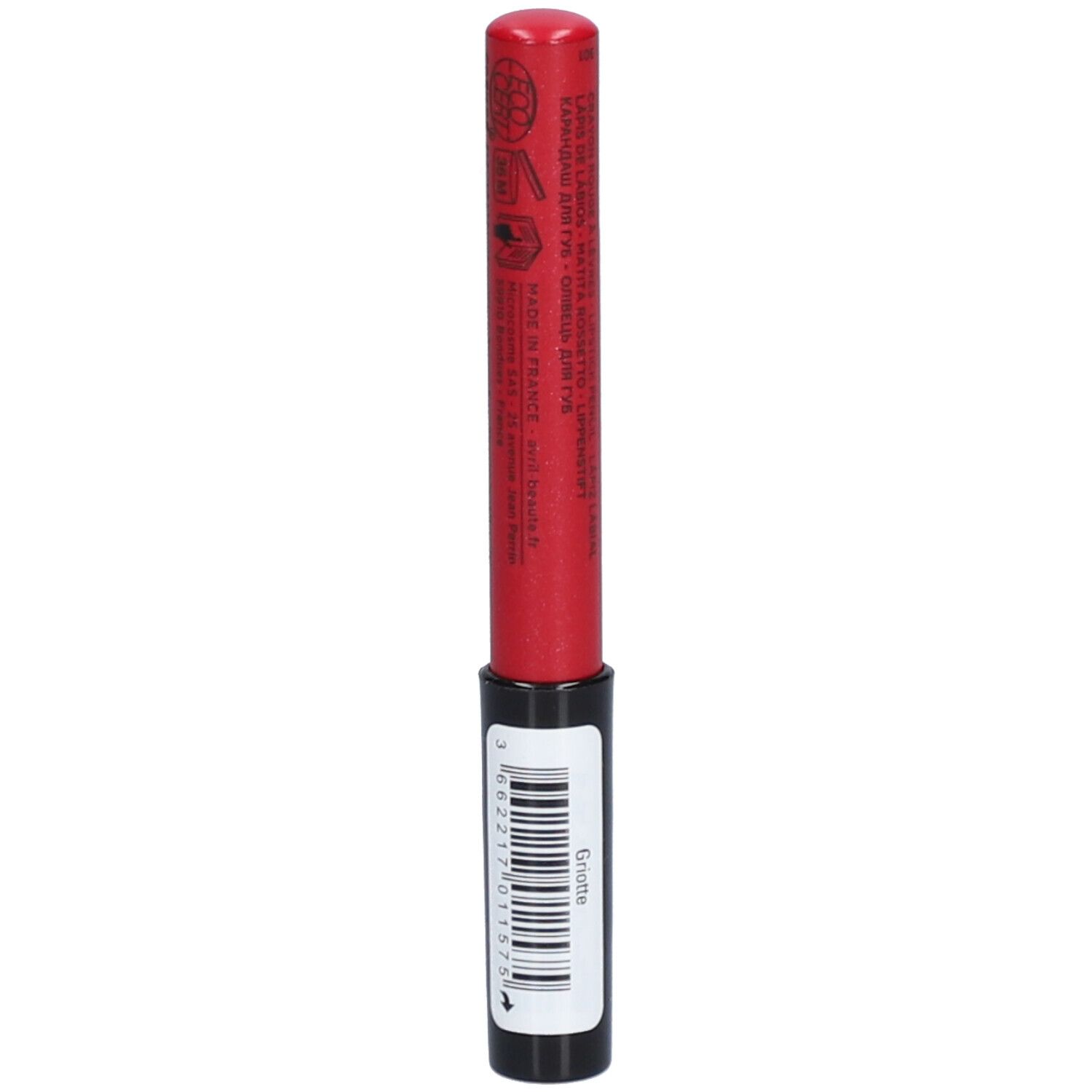 Roter Lippenstiftstift mit schwarzem Schaft. Aufschrift: Crayon Rouge à Lèvres, lipstick pencil. Barcode und Produktname Griotte.