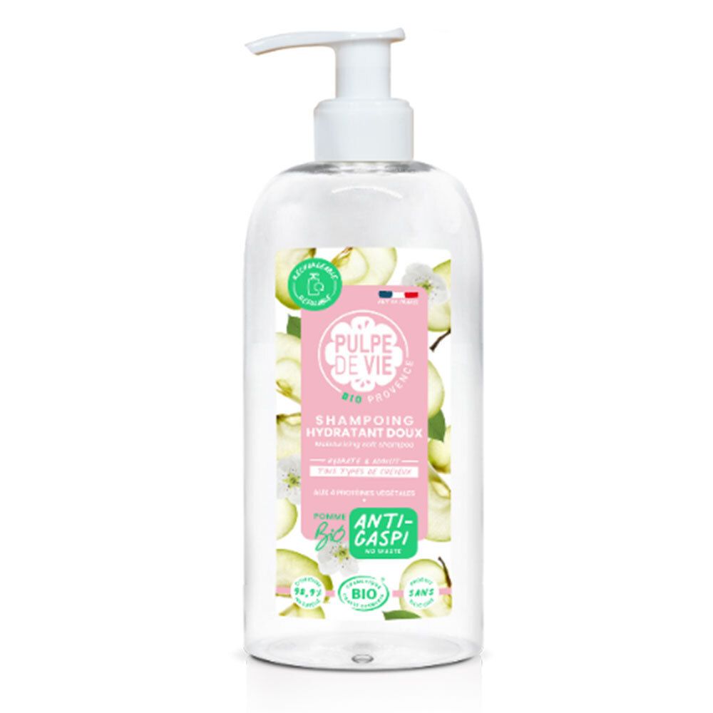 Flacon transparent avec pompe blanche. Étiquette avec nom du produit et illustrations de pommes. Certification bio.