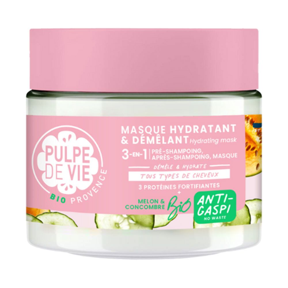 Pot de crème rose et blanc. Inscription: Pulpe de Vie, Masque Hydratant & Démêlant. Certifié bio et Anti-Gaspillage.