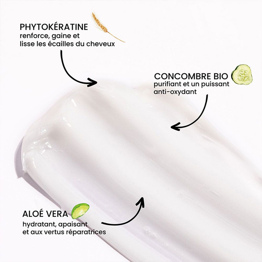 Gros plan sur les ingrédients. Flèches pointent vers Aloe Vera, concombre et phytokératine. Texte décrivant leurs propriétés.