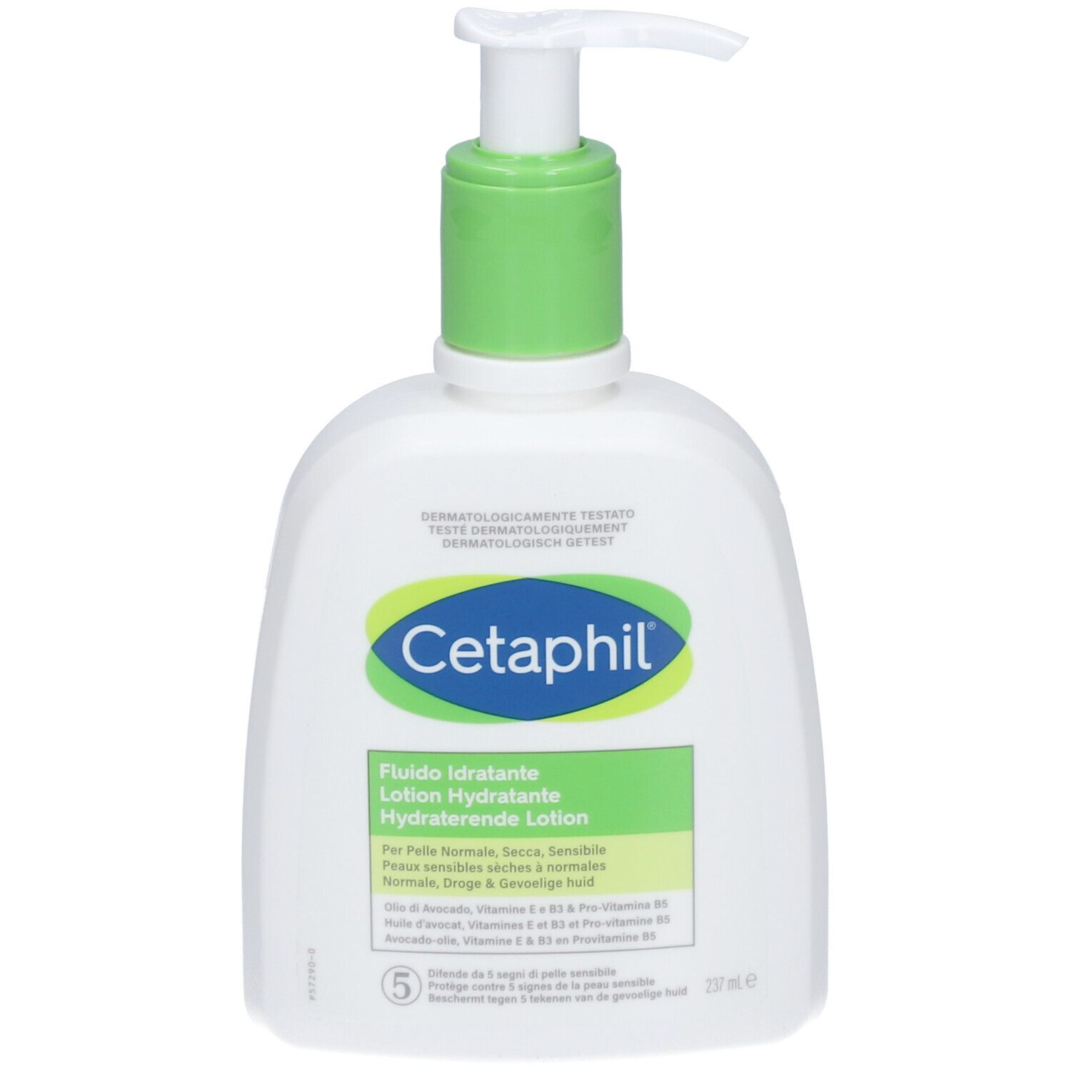 Weiße Flasche mit grünem Pumpkopf. Aufschrift Cetaphil und Produktbezeichnung. Text in italienischer und französischer Sprache.