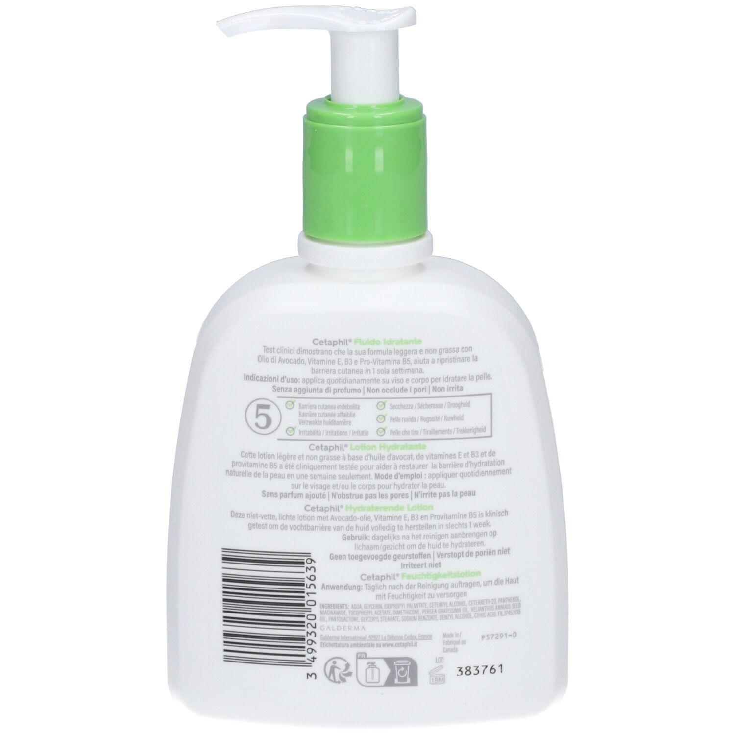 Rückseite der weißen Flasche mit grünem Pumpkopf. Text in mehreren Sprachen, darunter Italienisch und Französisch. Barcode.