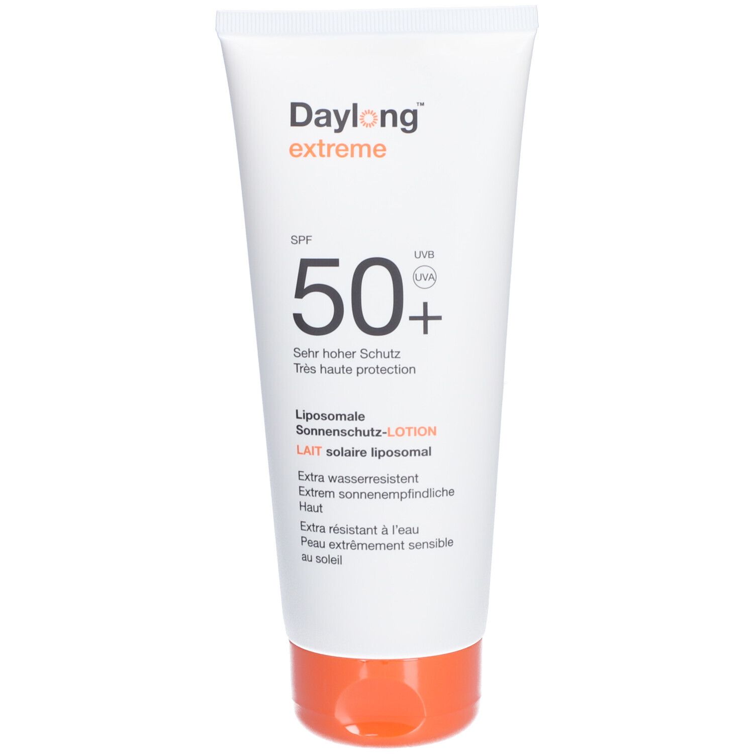 Weiße Tube mit orangefarbenem Verschluss. Aufschrift: Daylong extreme SPF 50+. Liposomale Sonnencreme.