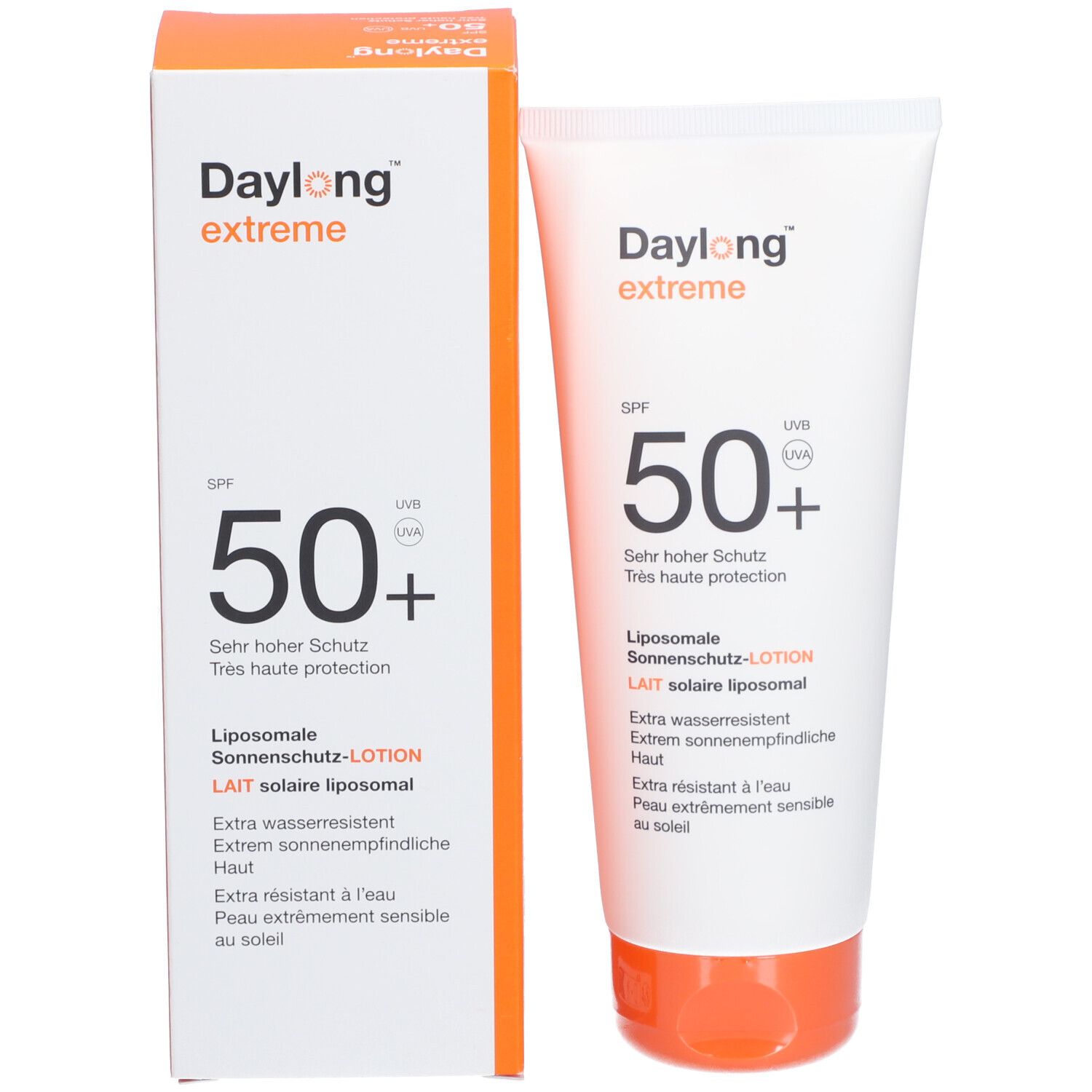 Produktverpackung. Tube und Karton. Aufschrift: Daylong extreme SPF 50+. Liposomale Sonnencreme.