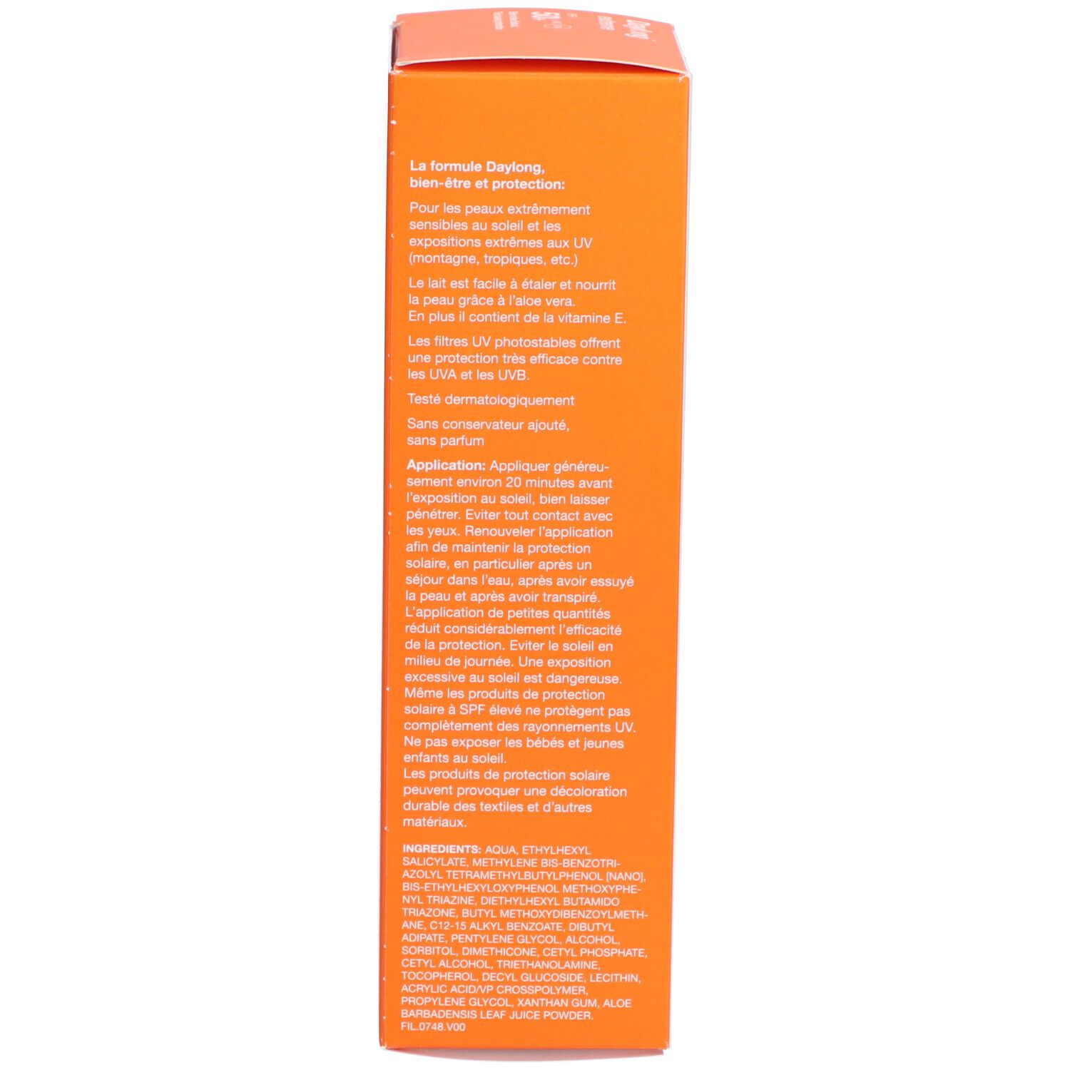 Rückseite der Kartonverpackung. Text in französischer Sprache. Informationen zur Anwendung und Inhaltsstoffe.