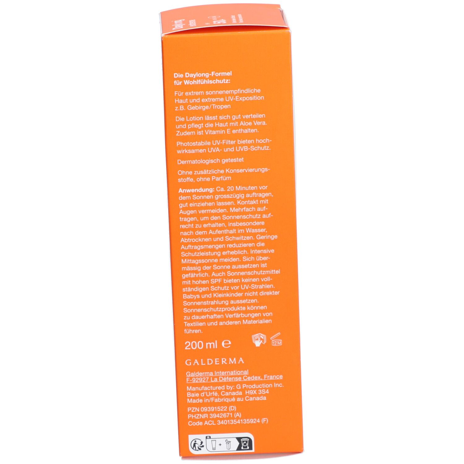 Rückseite der Kartonverpackung. Text in deutscher Sprache. Informationen zur Anwendung und Inhaltsstoffe.