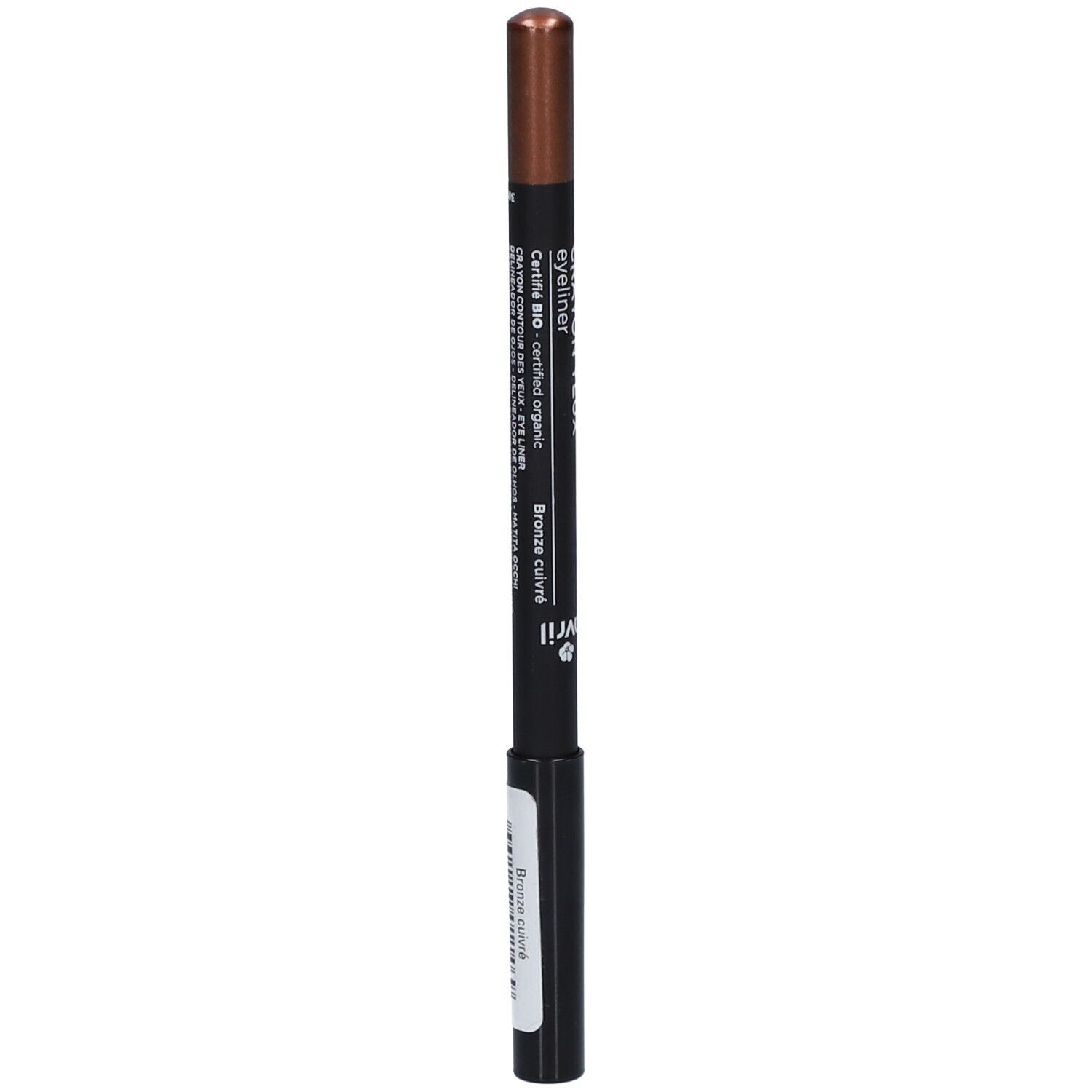 Crayon yeux AVRIL, bronze cuivré. Crayon noir avec pointe cuivrée. Inscription: CRAYON YEUX eyeliner. Texte sur l'étiquette.