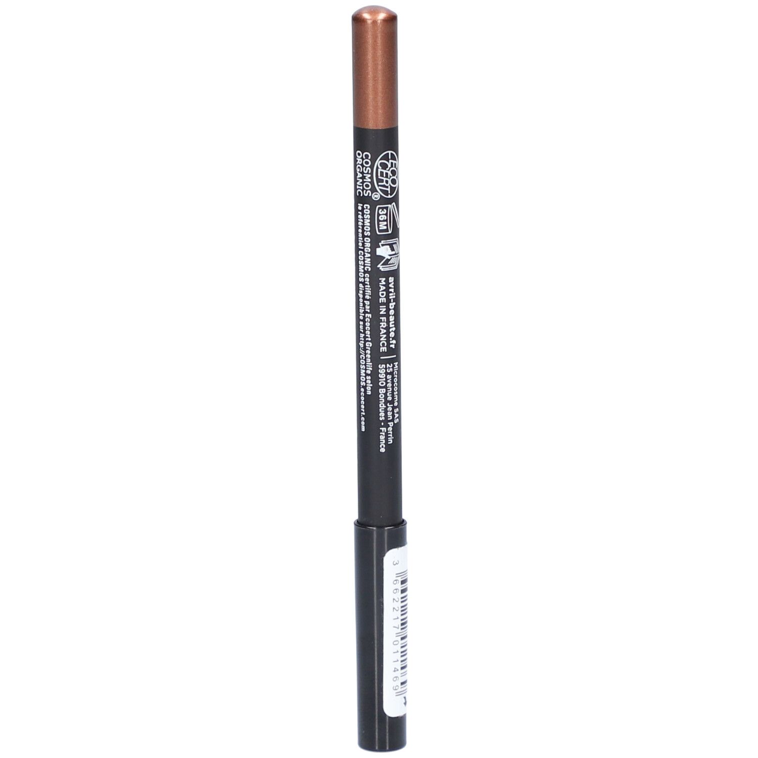 Crayon yeux AVRIL, bronze cuivré. Crayon noir avec pointe cuivrée. Inscription: CRAYON YEUX eyeliner. Certification bio.