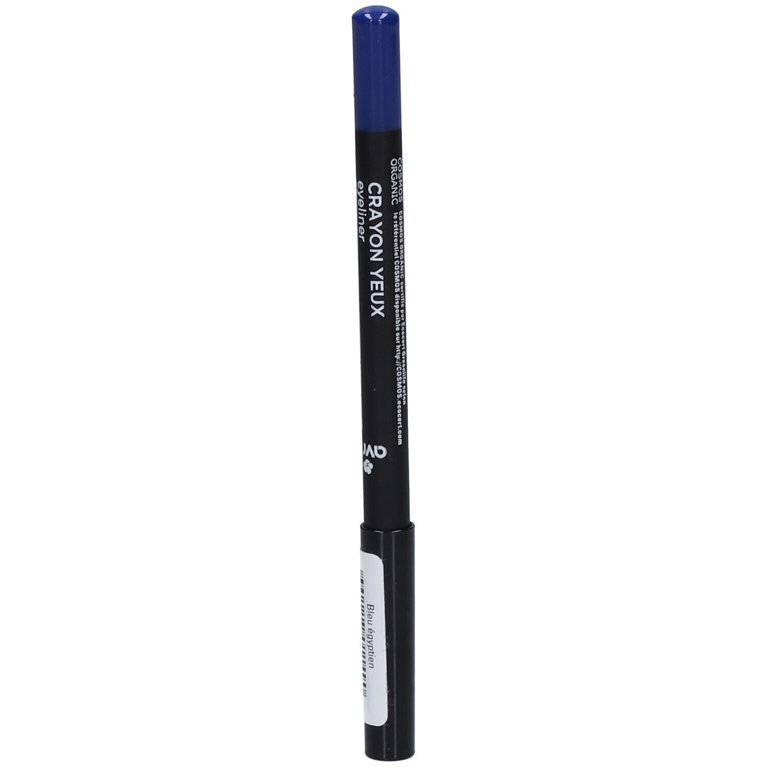 Blauw oogpotlood. Opschrift: Crayon Yeux, Eyeliner. Zwart potlood met blauwe punt. Etiket met productinformatie.