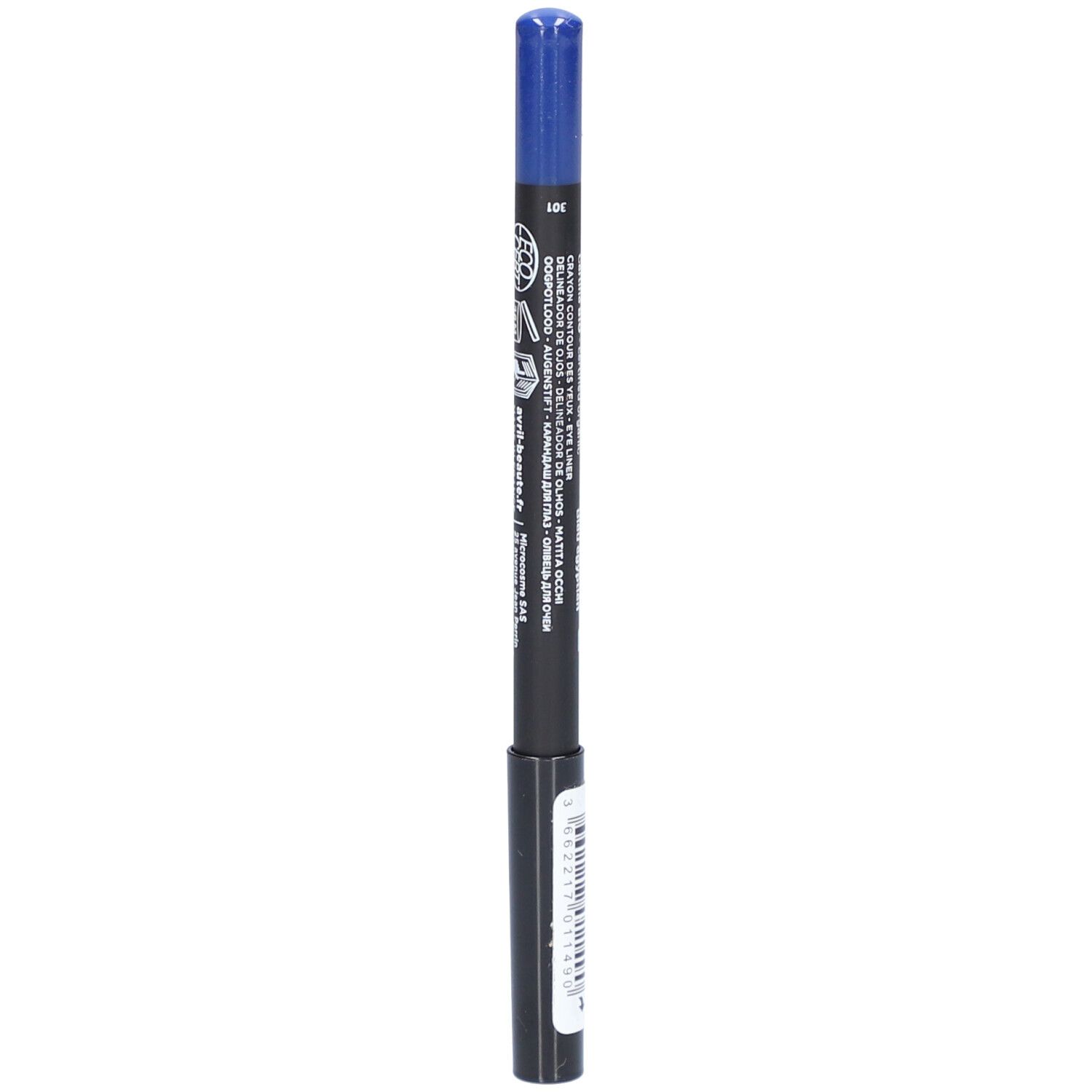 Blauw oogpotlood. Opschrift: Crayon Yeux, Eyeliner. Zwart potlood met blauwe punt. Productinformatie en logo's.