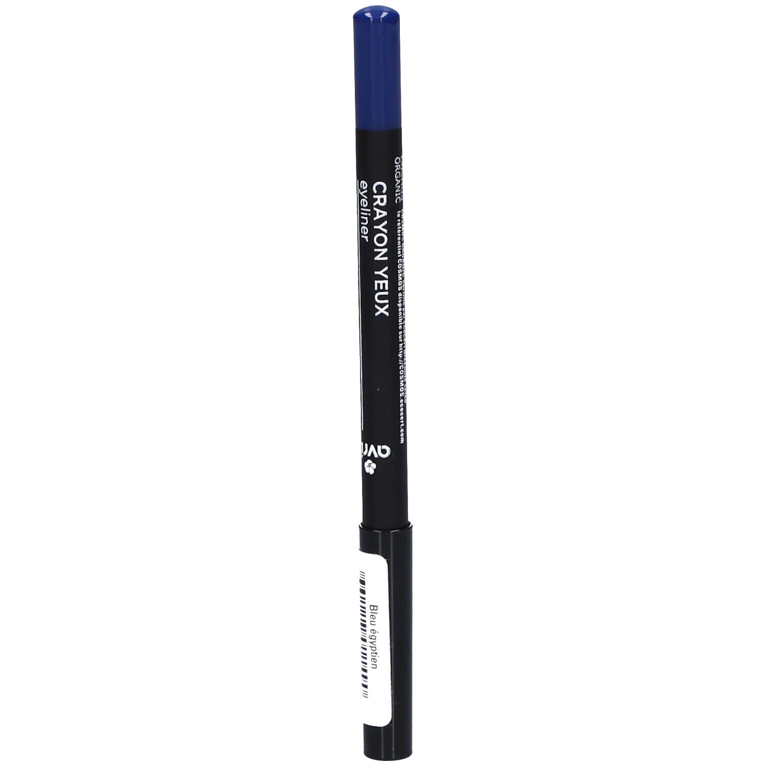Blauw oogpotlood. Opschrift: Crayon Yeux, Eyeliner. Zwart potlood met blauwe punt. Etiket met productinformatie.