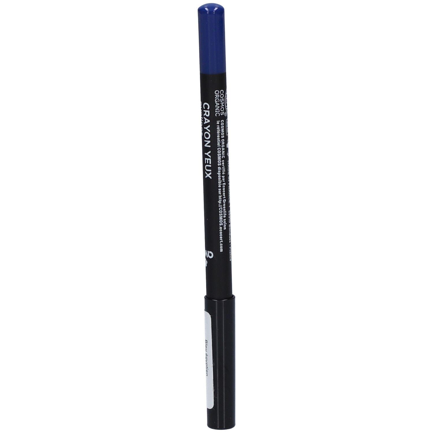 Blauw oogpotlood. Opschrift: Crayon Yeux, Eyeliner. Zwart potlood met blauwe punt. Productinformatie en logo's.