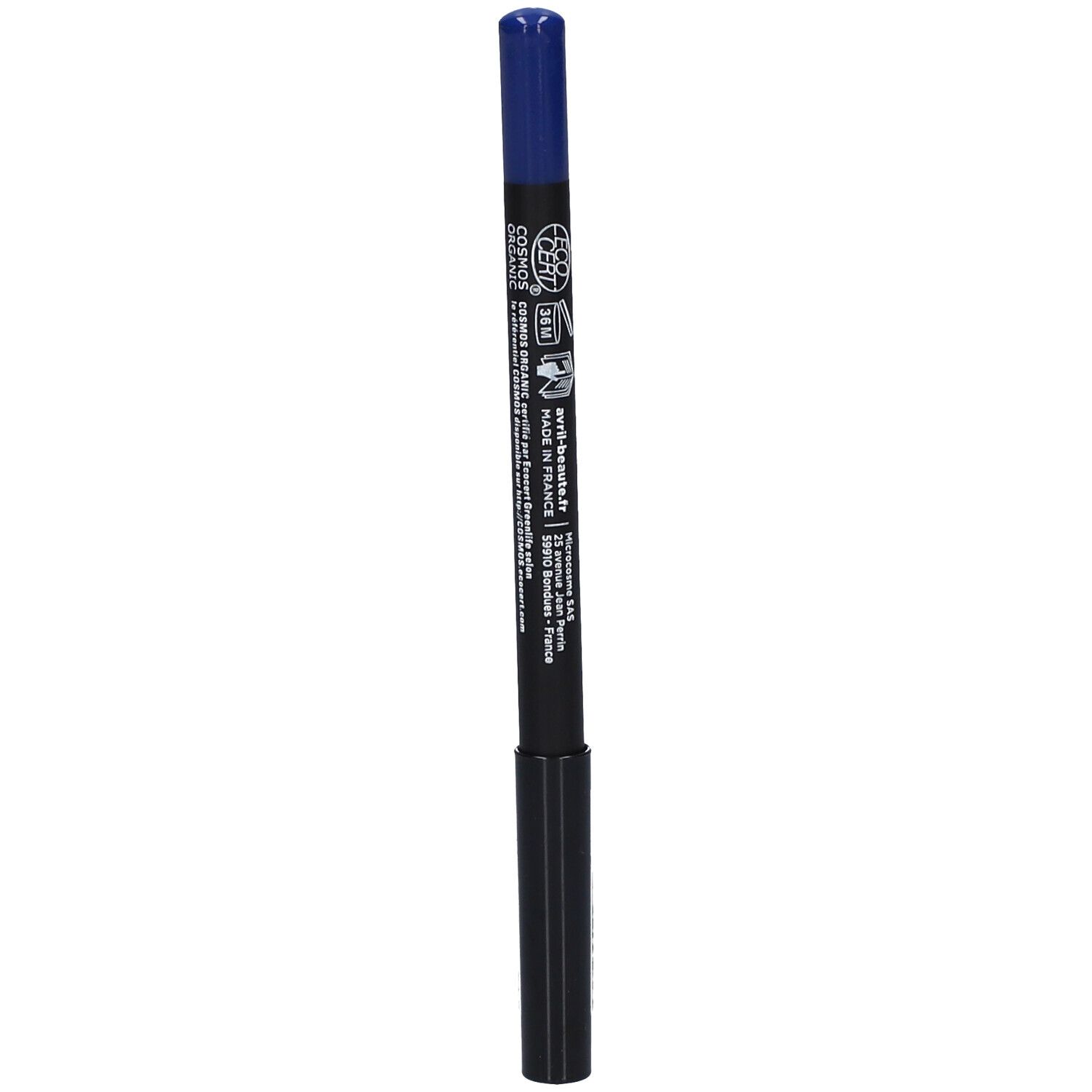 Blauw oogpotlood. Opschrift: Crayon Yeux, Eyeliner. Zwart potlood met blauwe punt. Productinformatie en logo's.