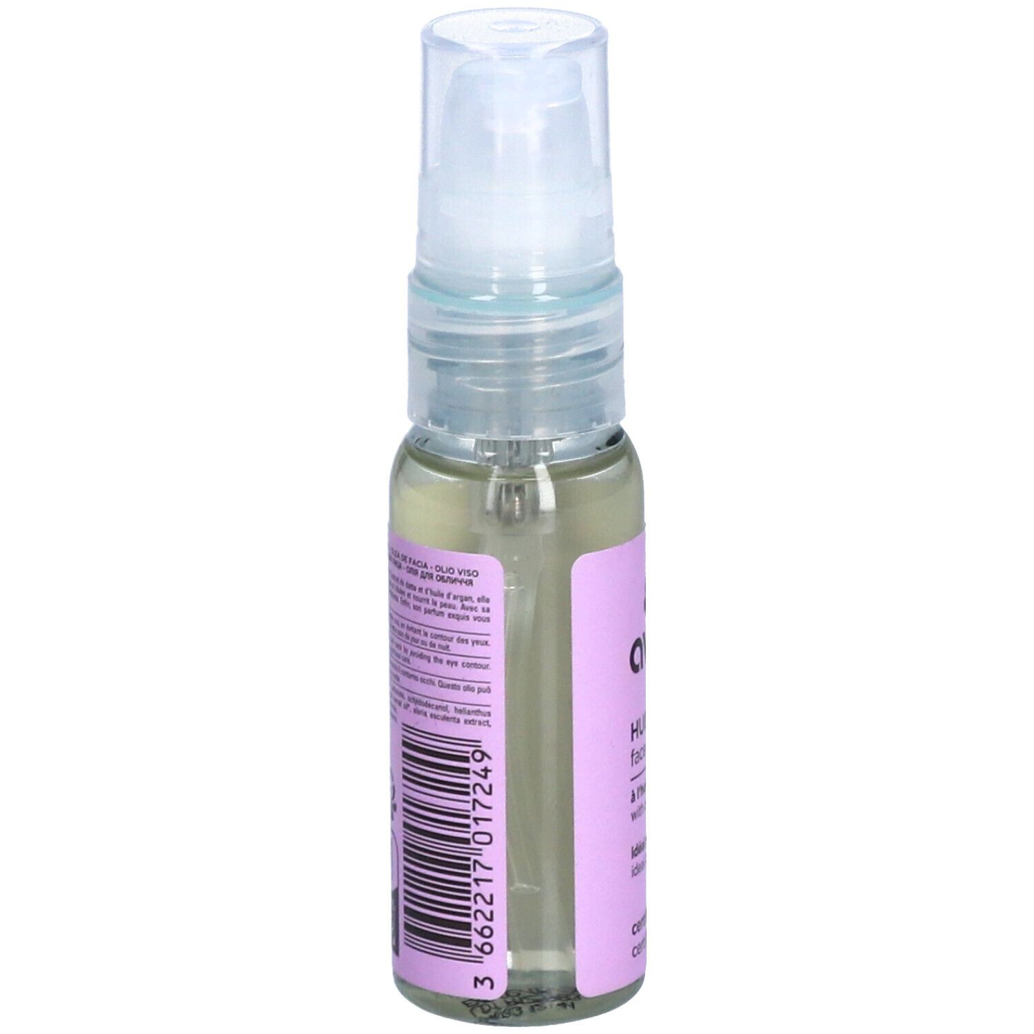 Klarflüssiges Öl in einer kleinen Flasche mit Sprühkopf. Auf der Rückseite Barcode und Text.