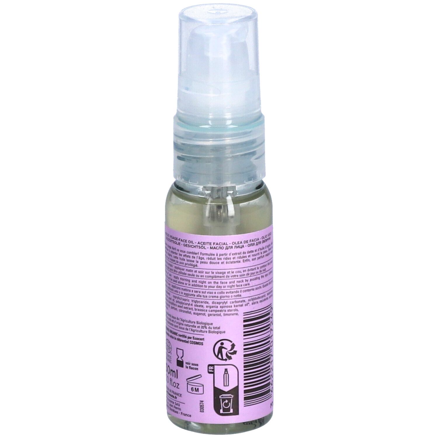 Klarflüssiges Öl in einer kleinen Flasche mit Sprühkopf. Rückseite mit Text und Symbolen.